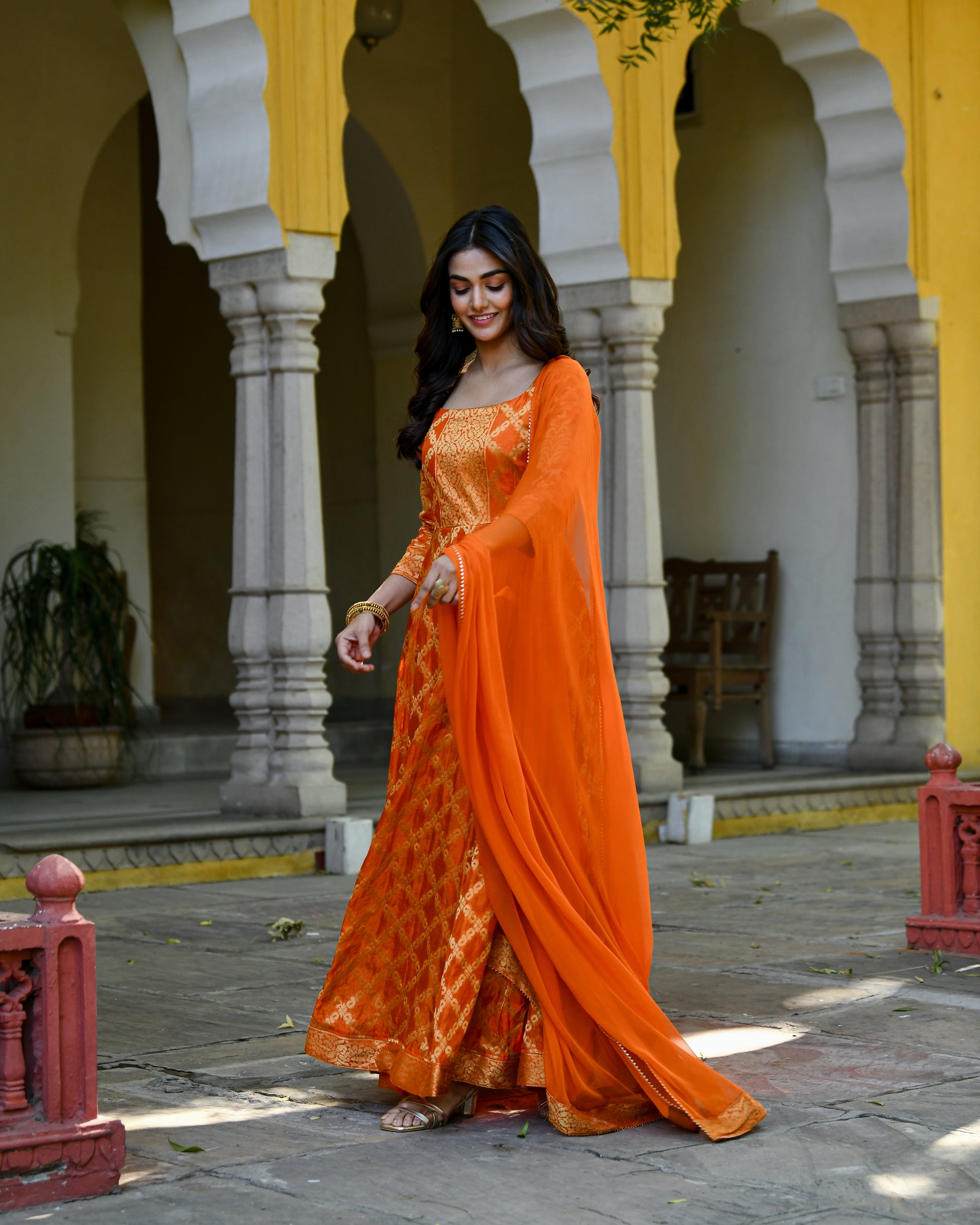 Orange Brocade Banarasi Silk Kurta Set