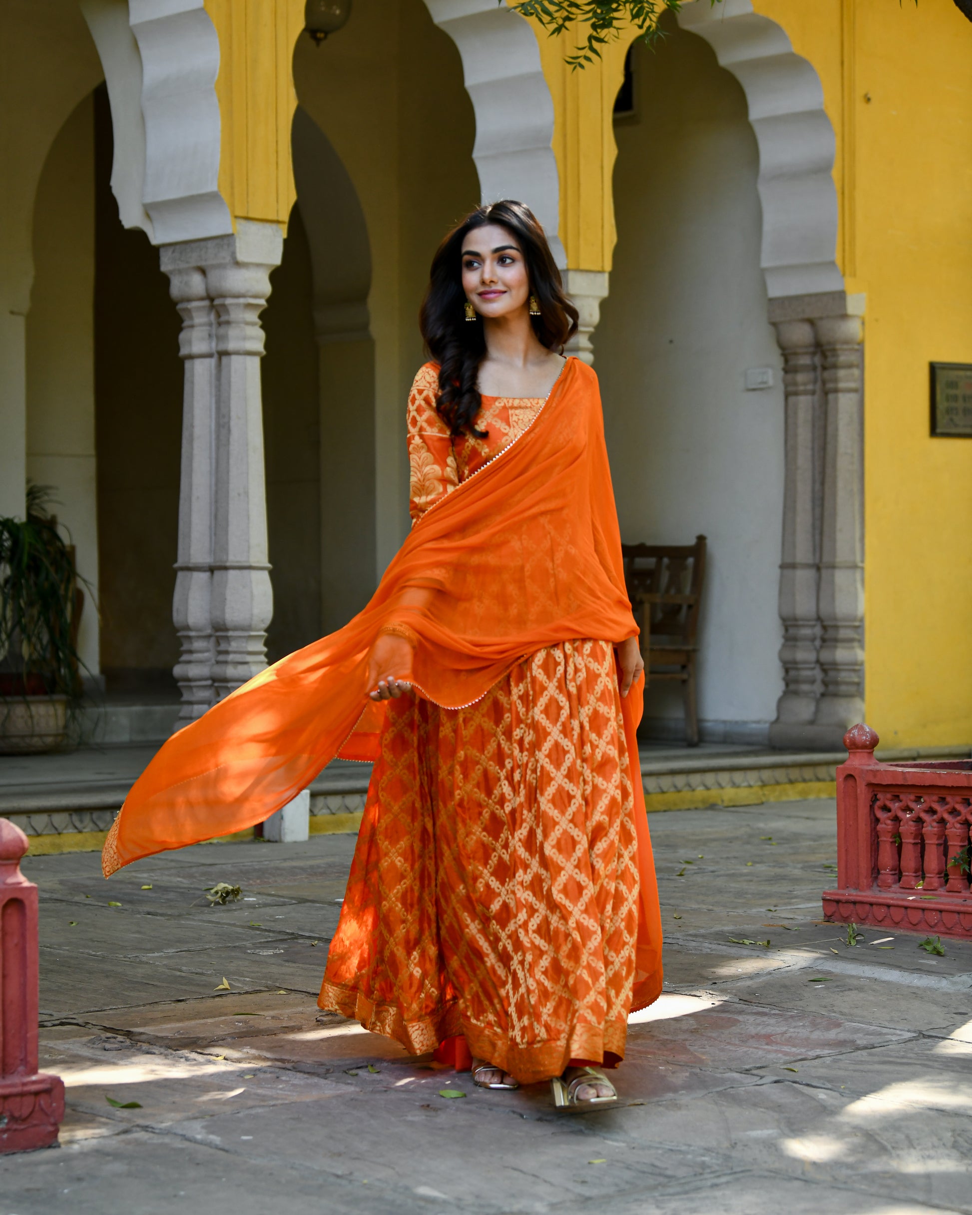 Orange Brocade Banarasi Silk Kurta Set