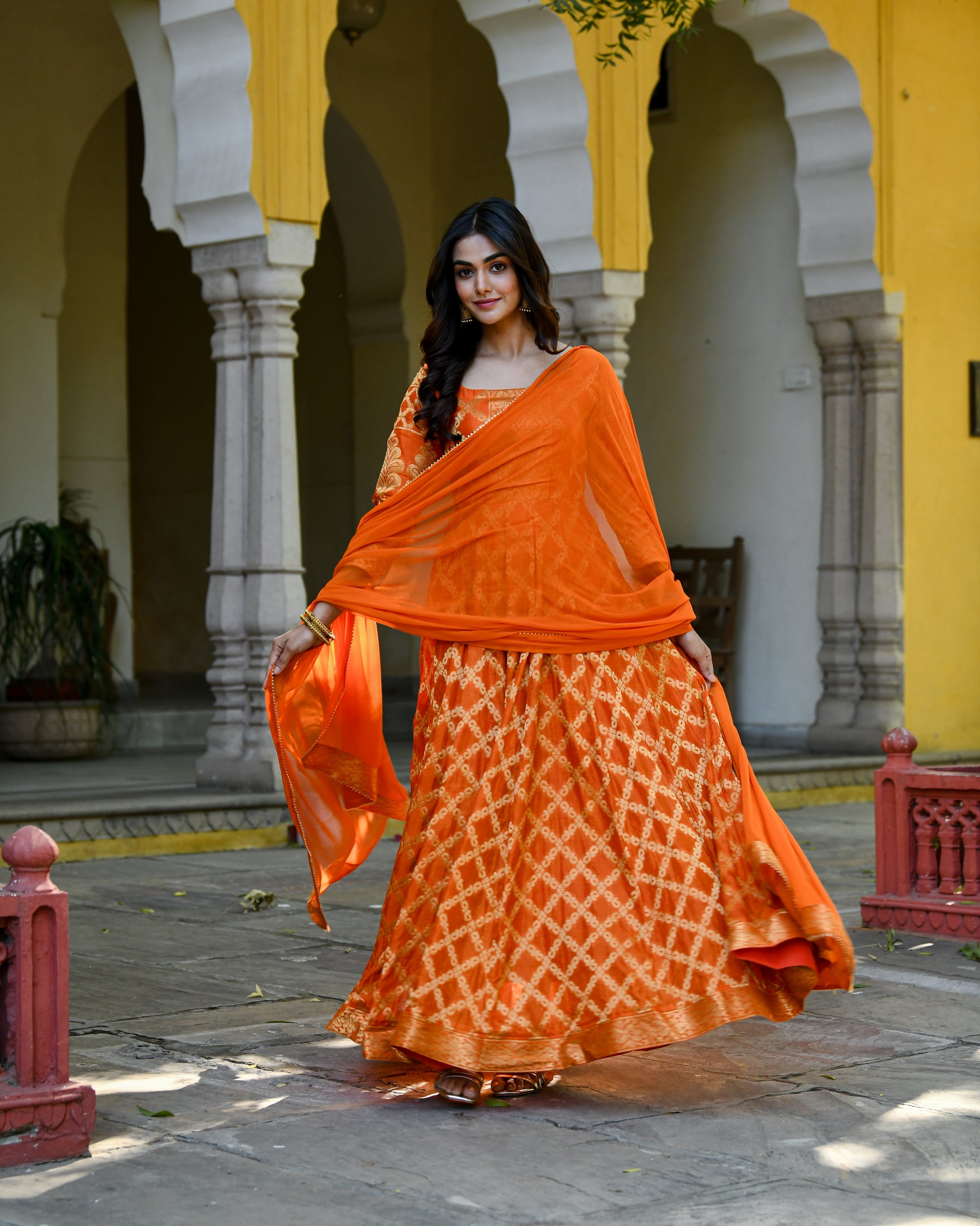 Orange Brocade Banarasi Silk Kurta Set