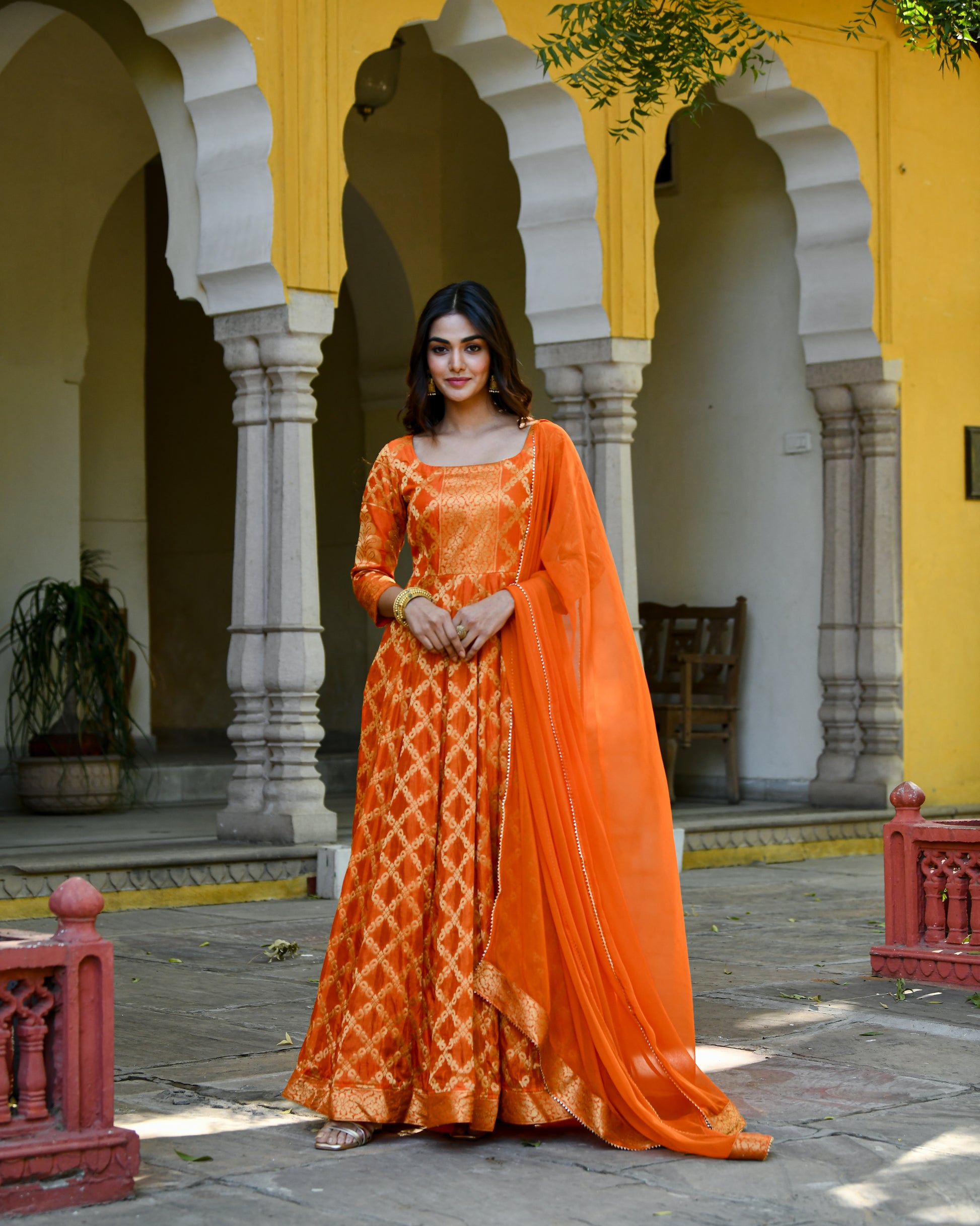 Orange Brocade Banarasi Silk Kurta Set