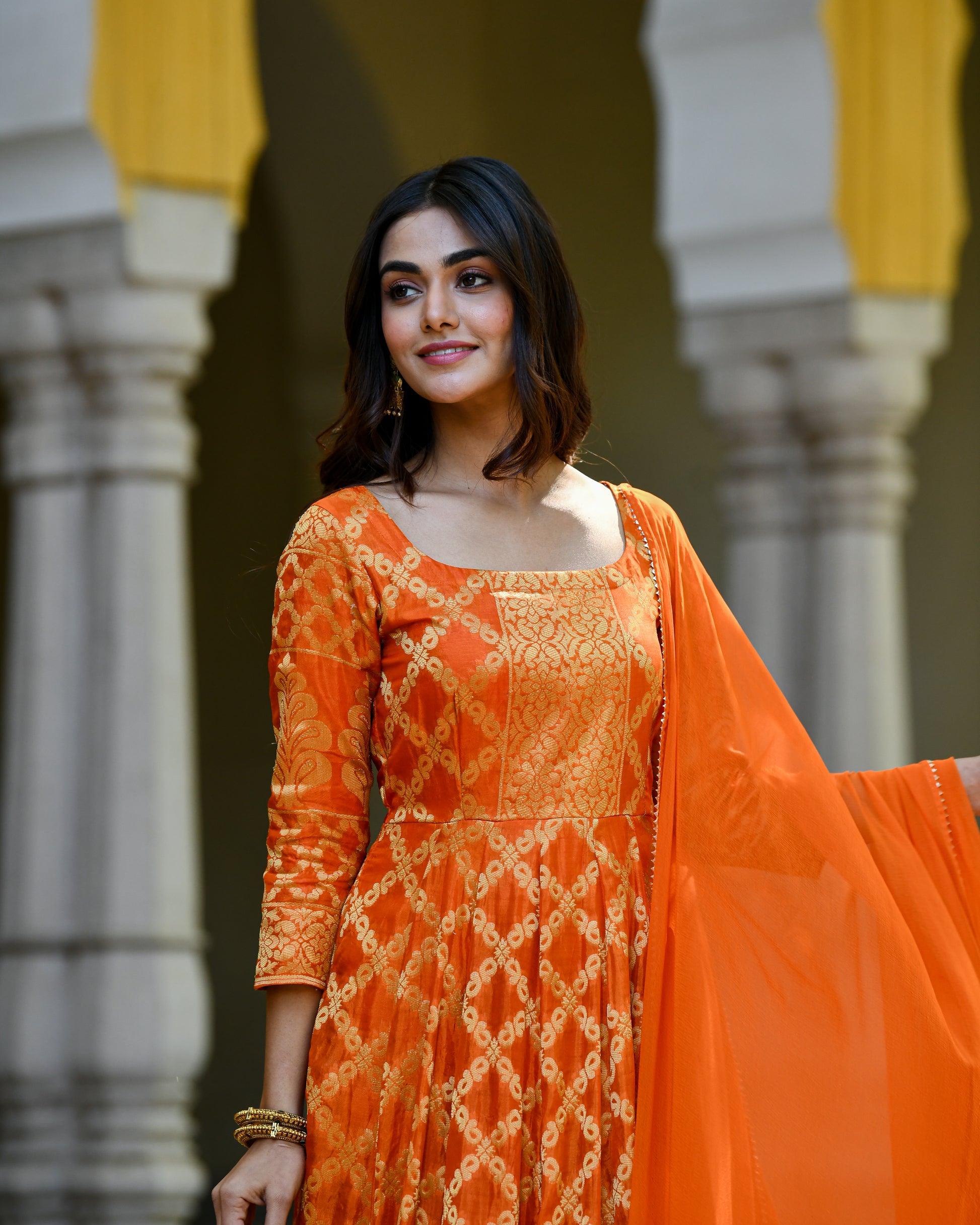 Orange Brocade Banarasi Silk Kurta Set