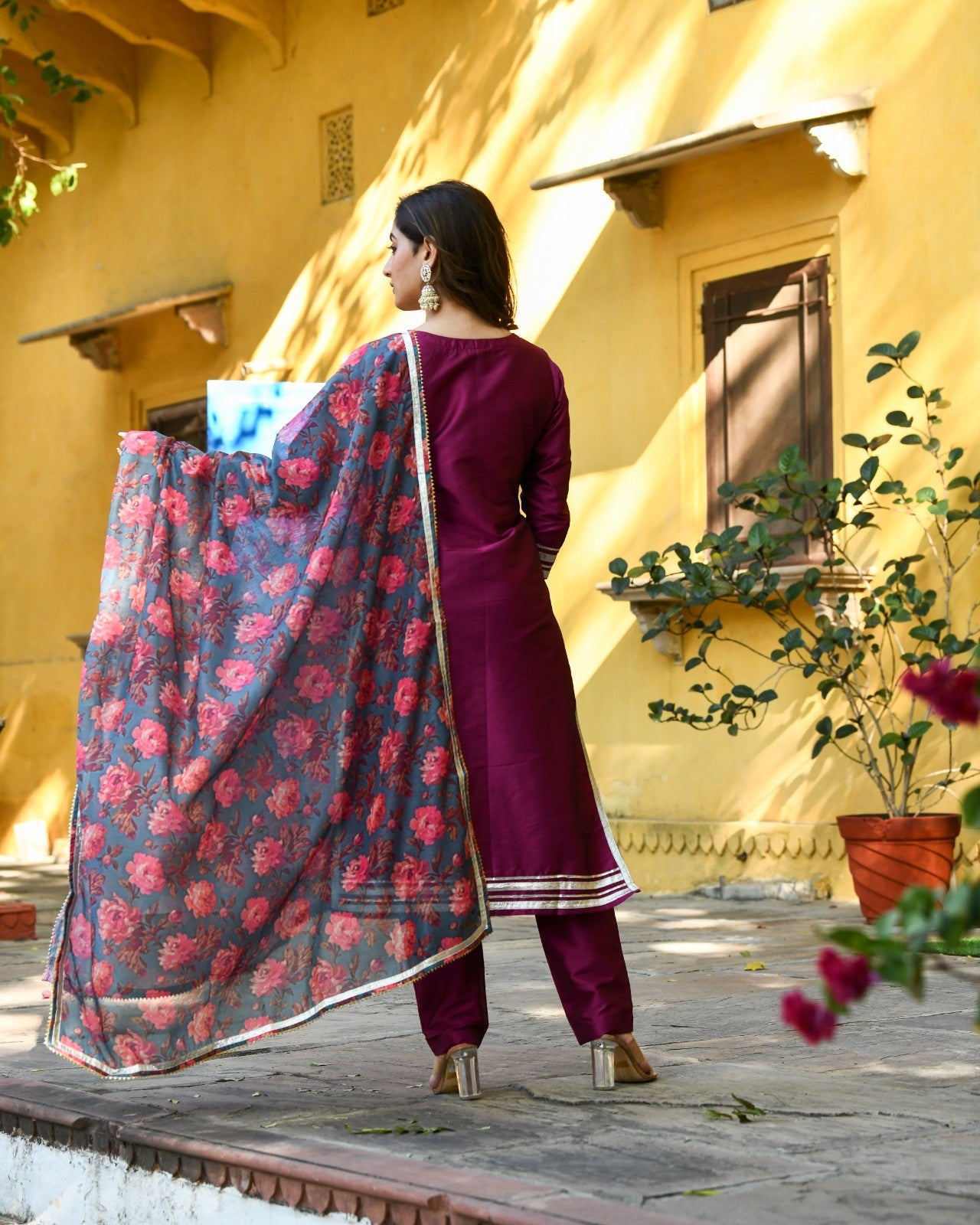 Wine Silk Kurta Pant Set with Printed Dupatta