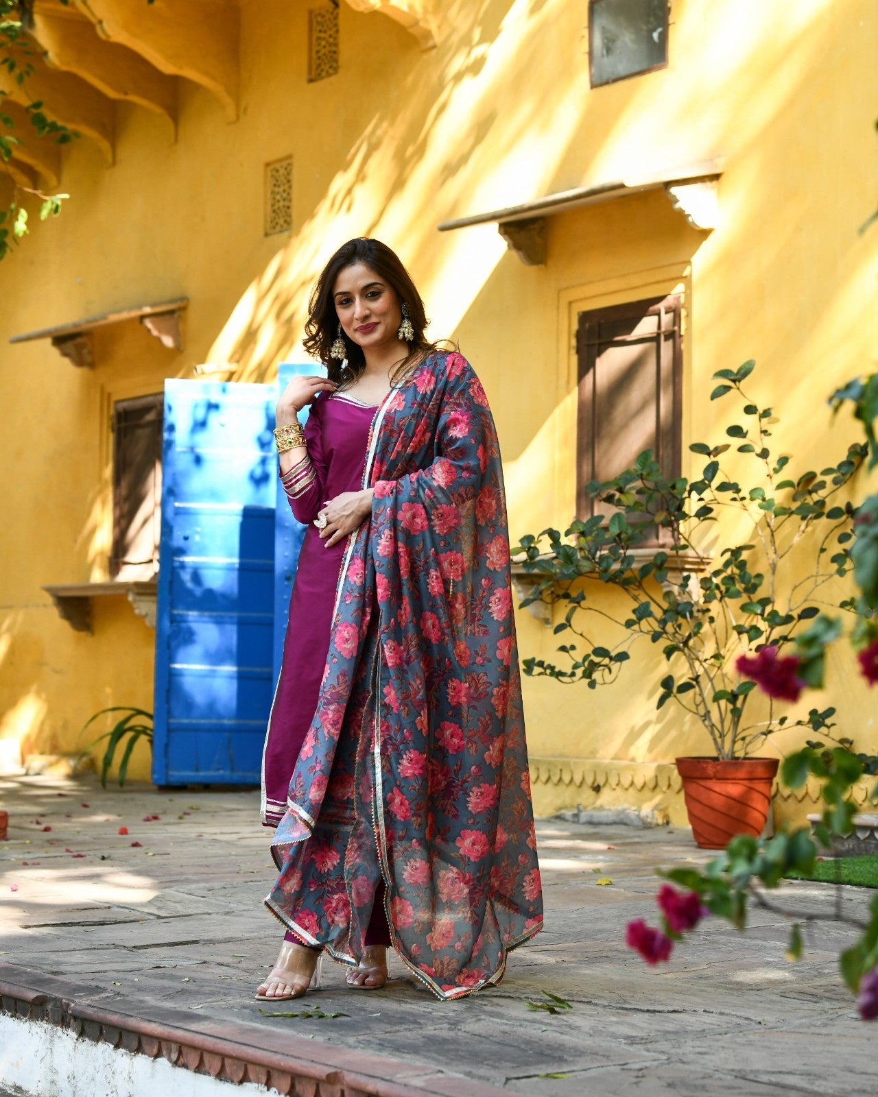 Wine Silk Kurta Pant Set with Printed Dupatta
