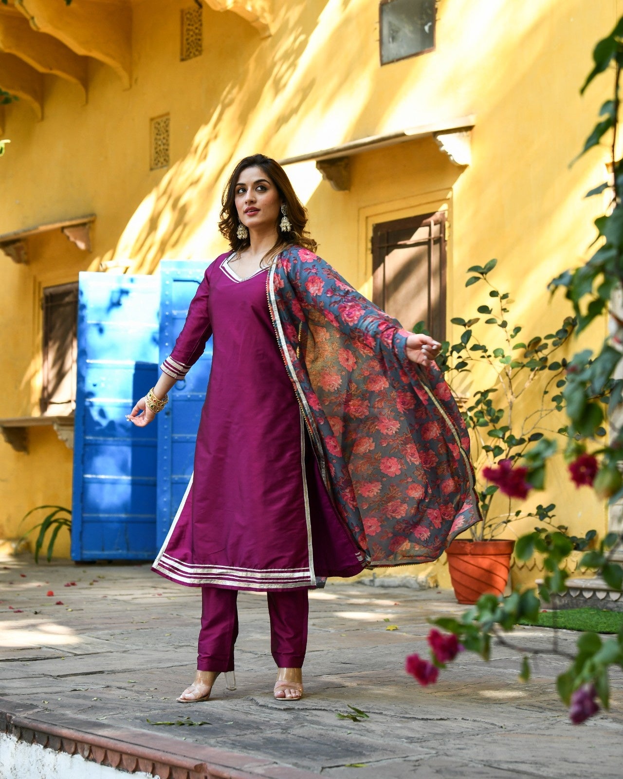 Wine Silk Kurta Pant Set with Printed Dupatta