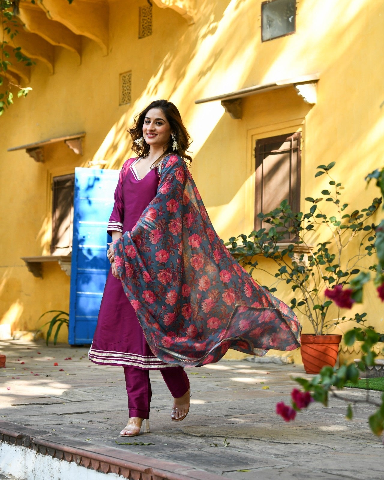 Wine Silk Kurta Pant Set with Printed Dupatta