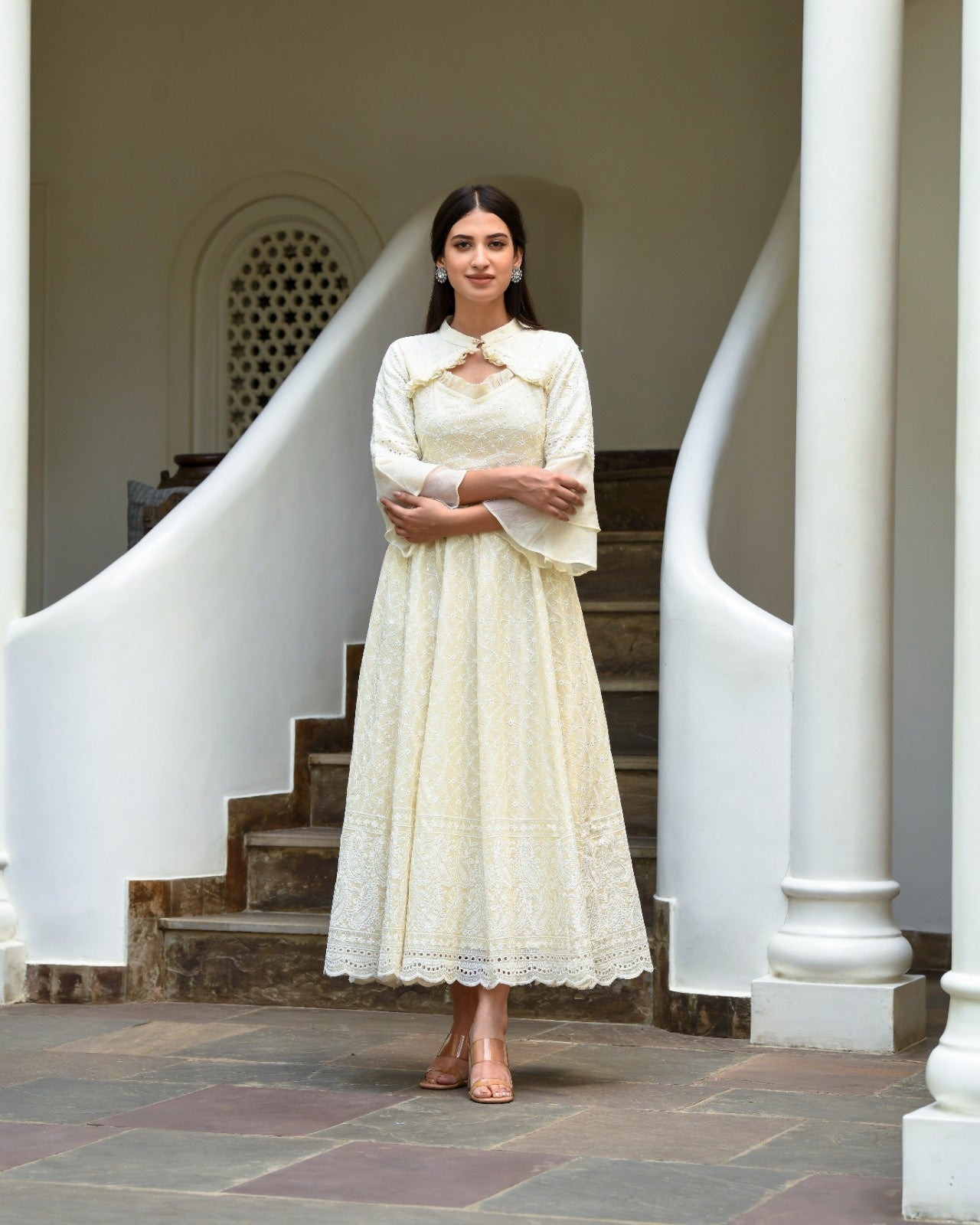 Off White Rayon Chikankari Dress