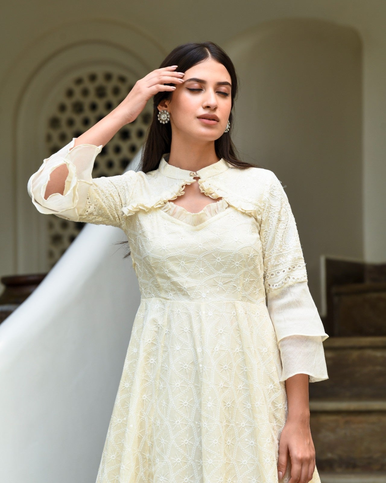 Off White Rayon Chikankari Dress