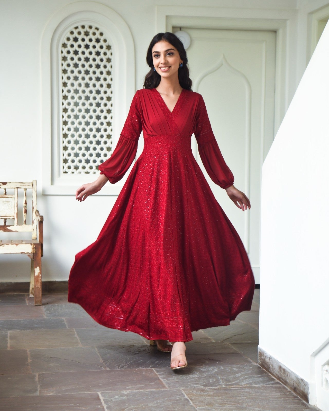 Maroon Rayon Chikankari Dress