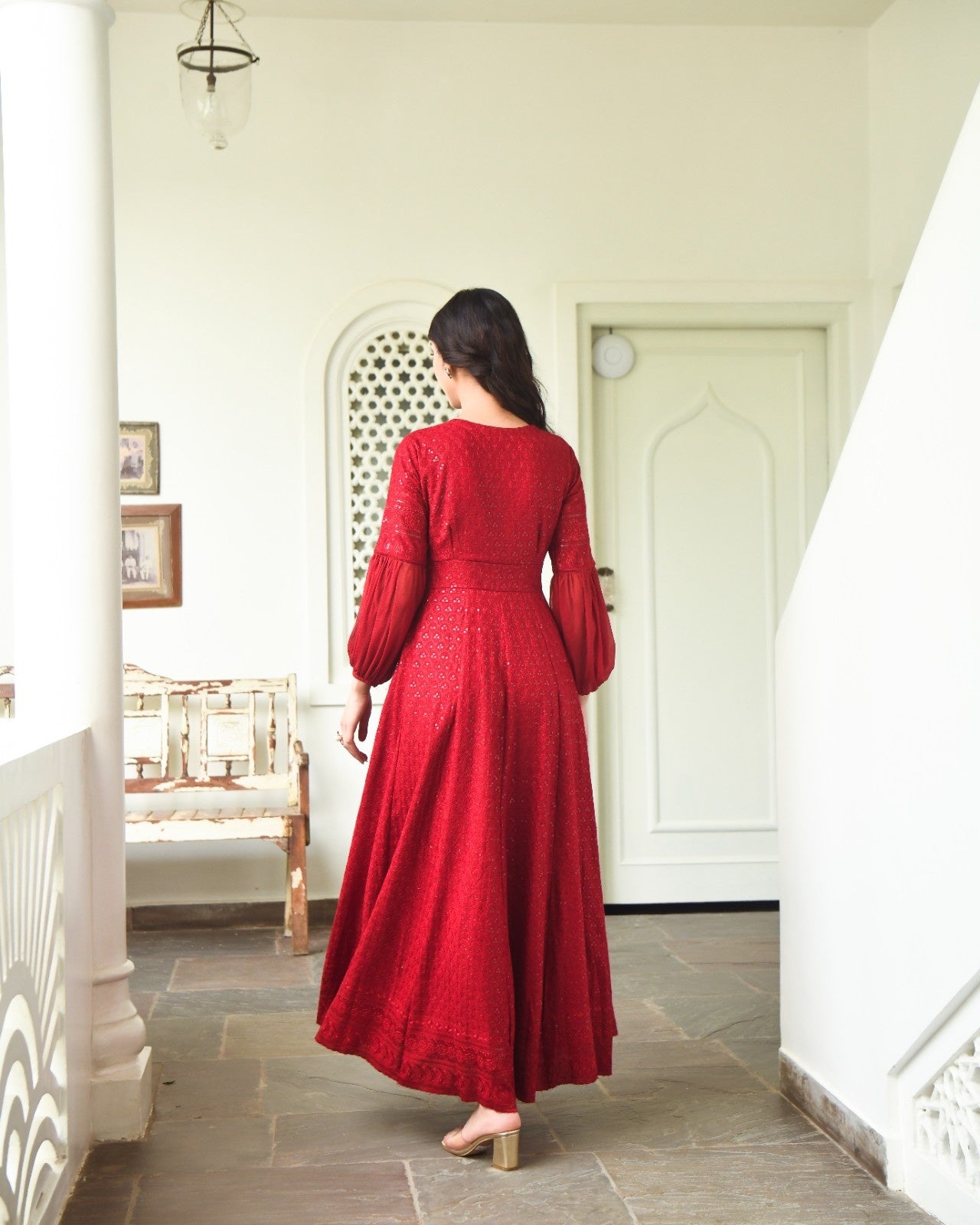 Maroon Rayon Chikankari Dress
