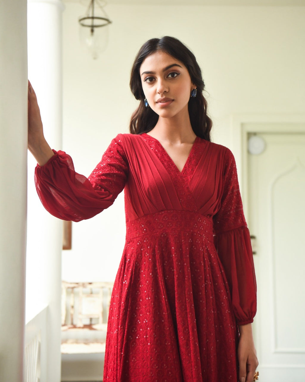 Maroon Rayon Chikankari Dress