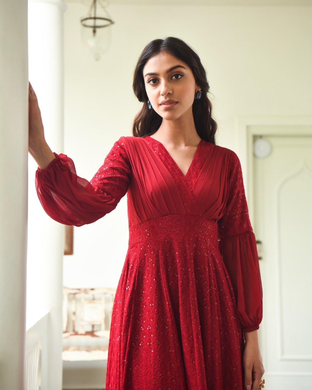 Maroon Rayon Chikankari Dress