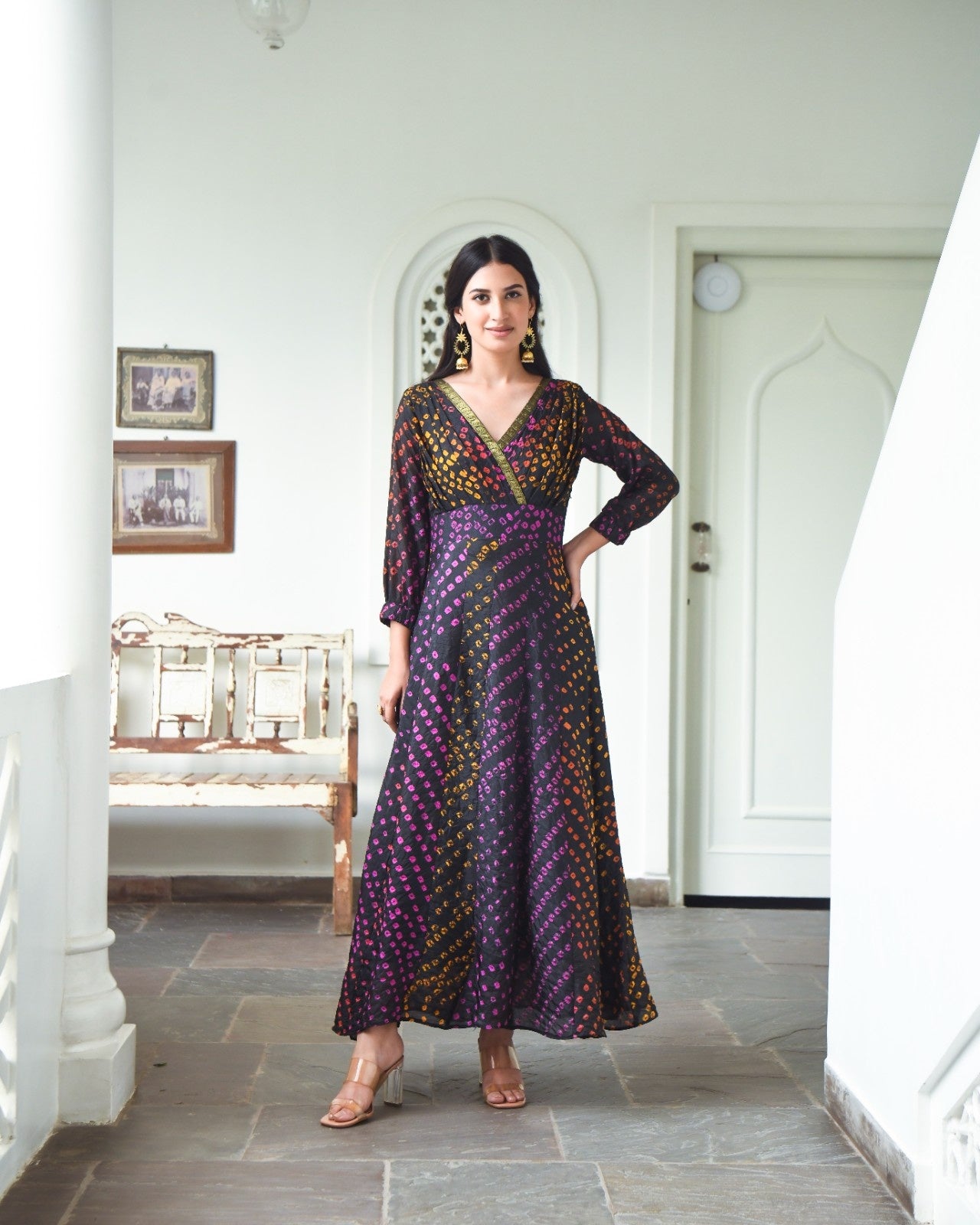Black Silk Bandahni Print Dress