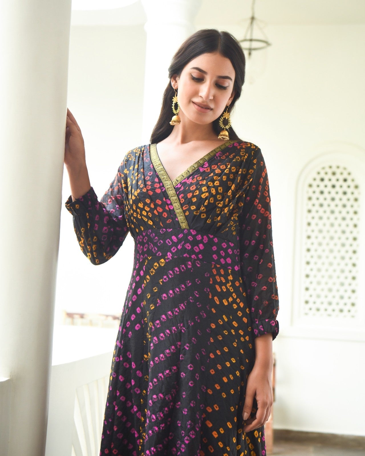 Black Silk Bandahni Print Dress