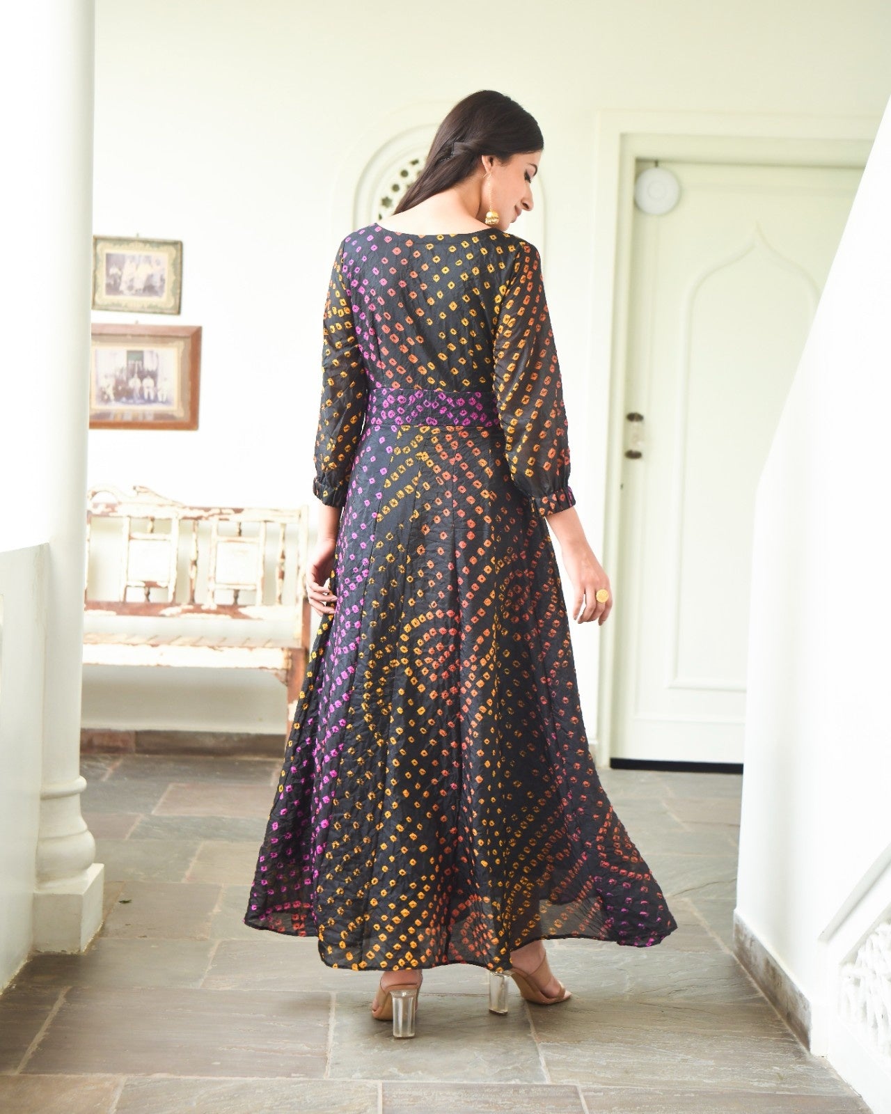 Black Silk Bandahni Print Dress