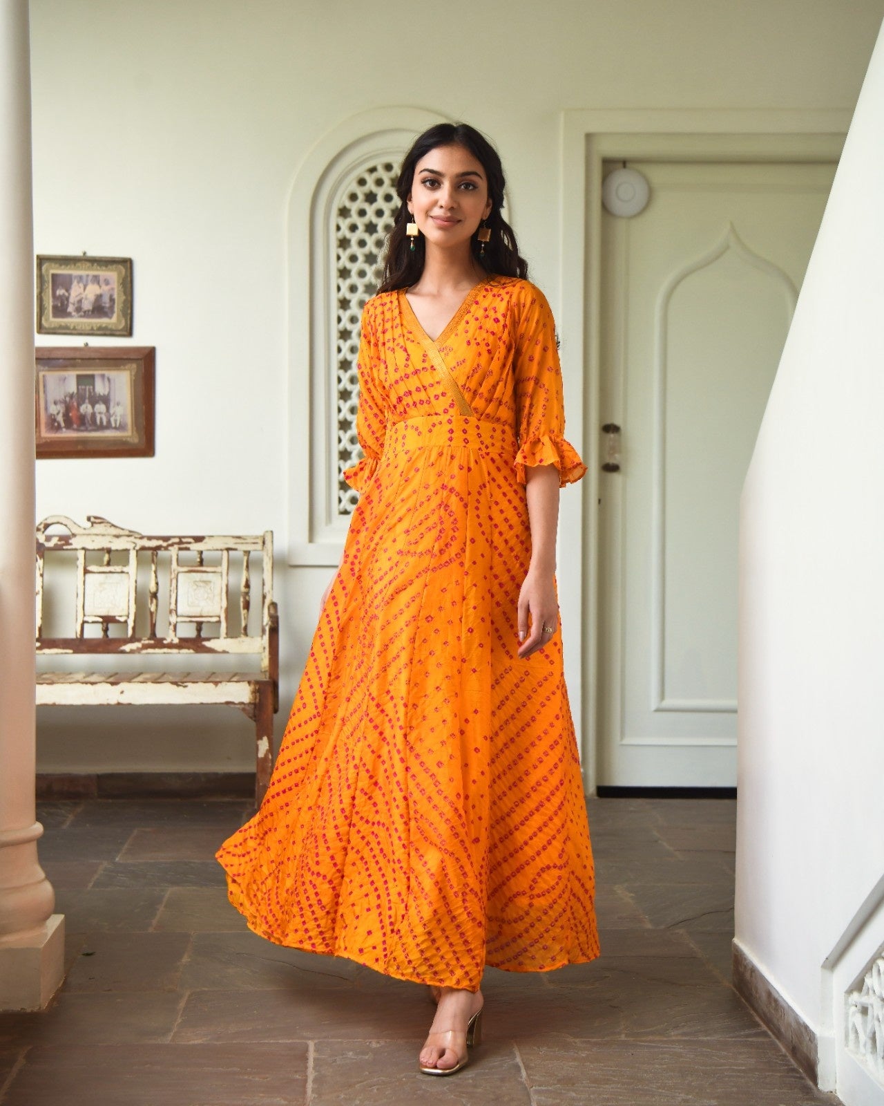 Yellow Silk Bandhej Print Dress