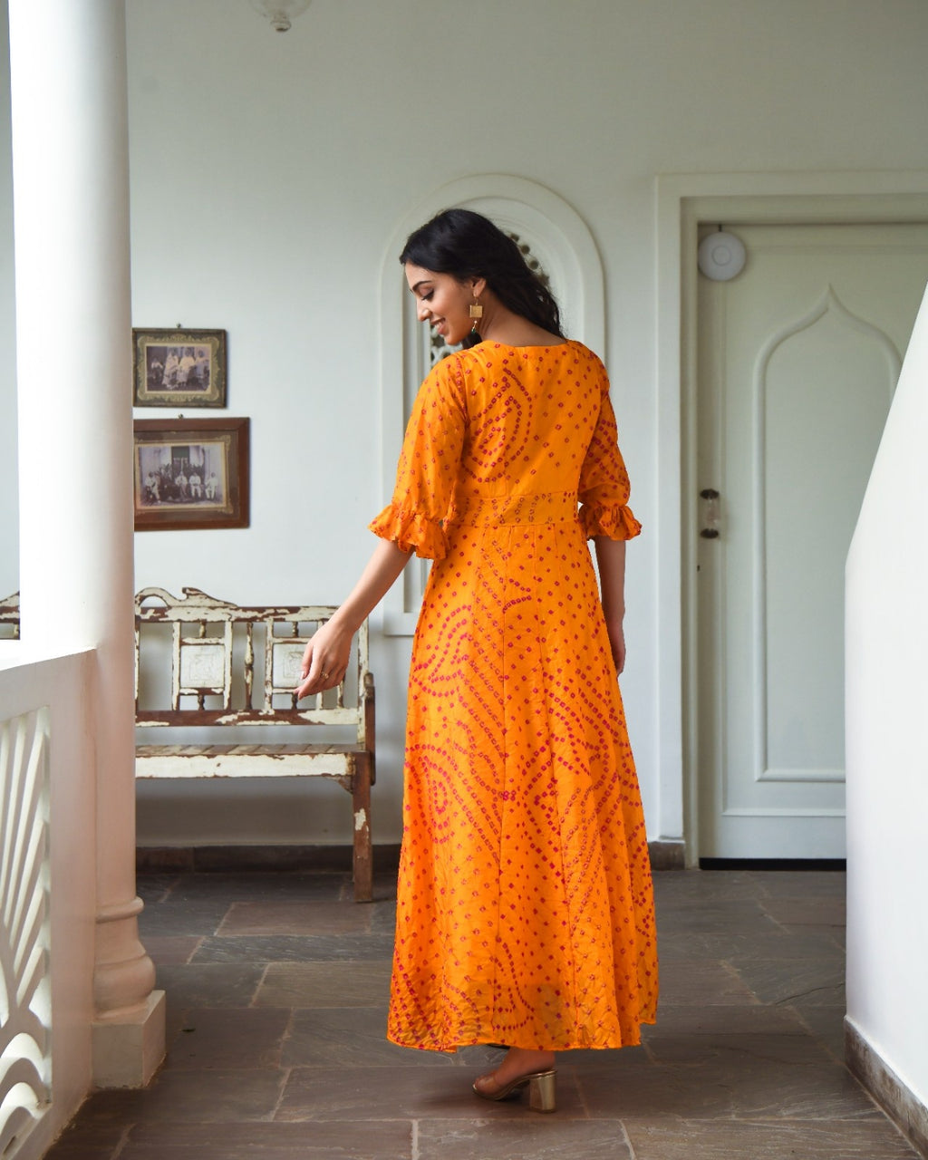 Yellow Silk Bandhej Print Dress