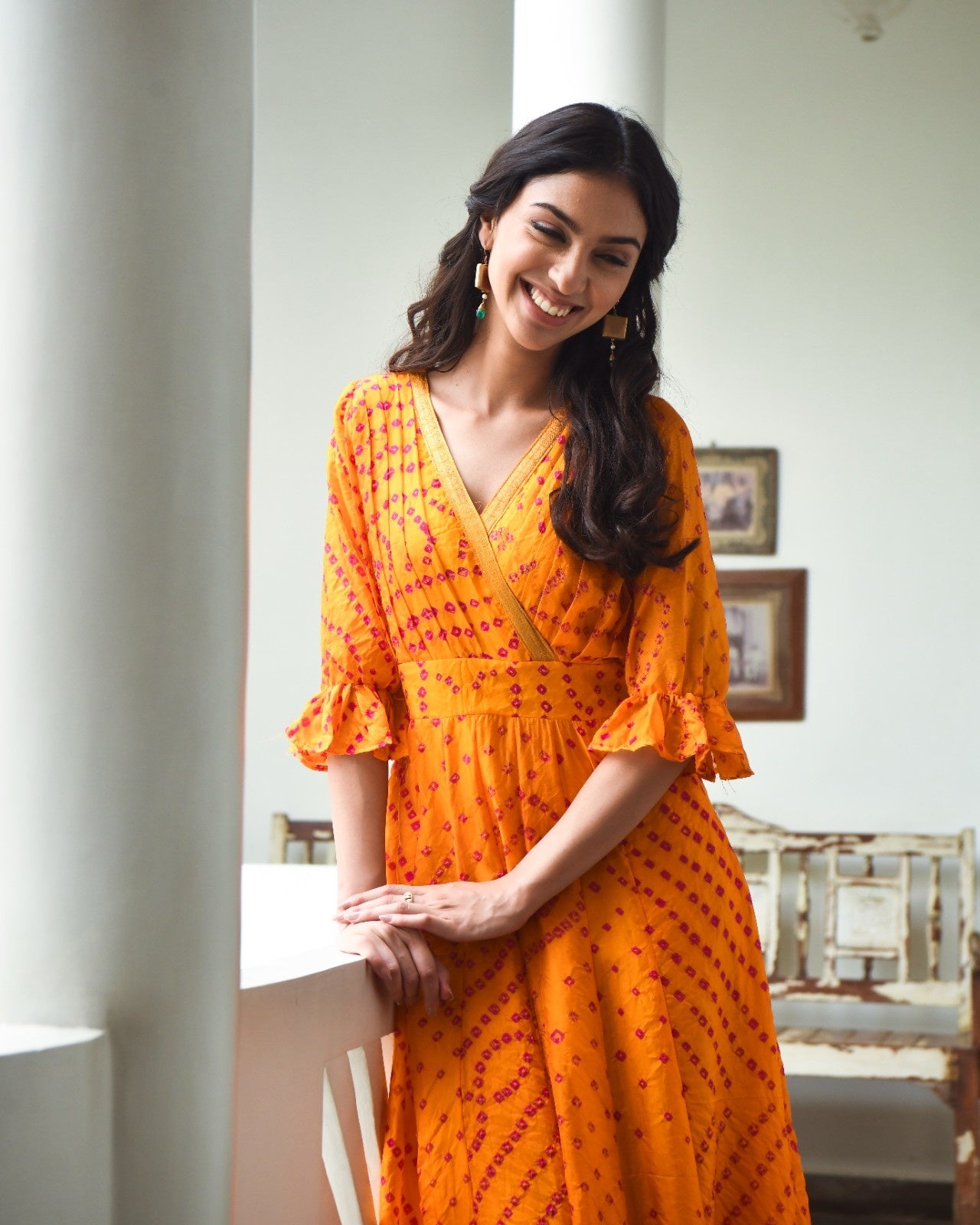 Yellow Silk Bandhej Print Dress