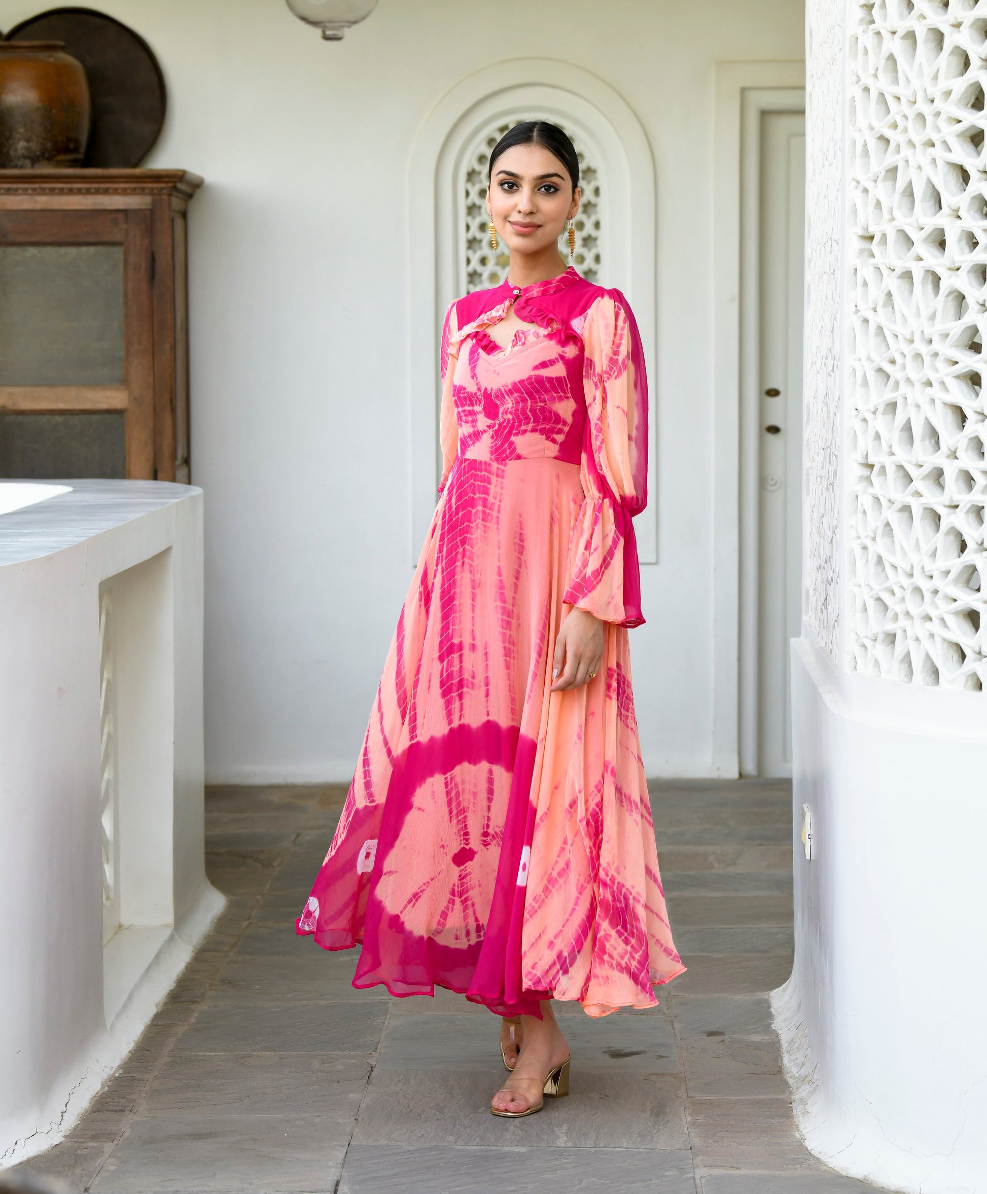 Peach Chiffon Printed Dress