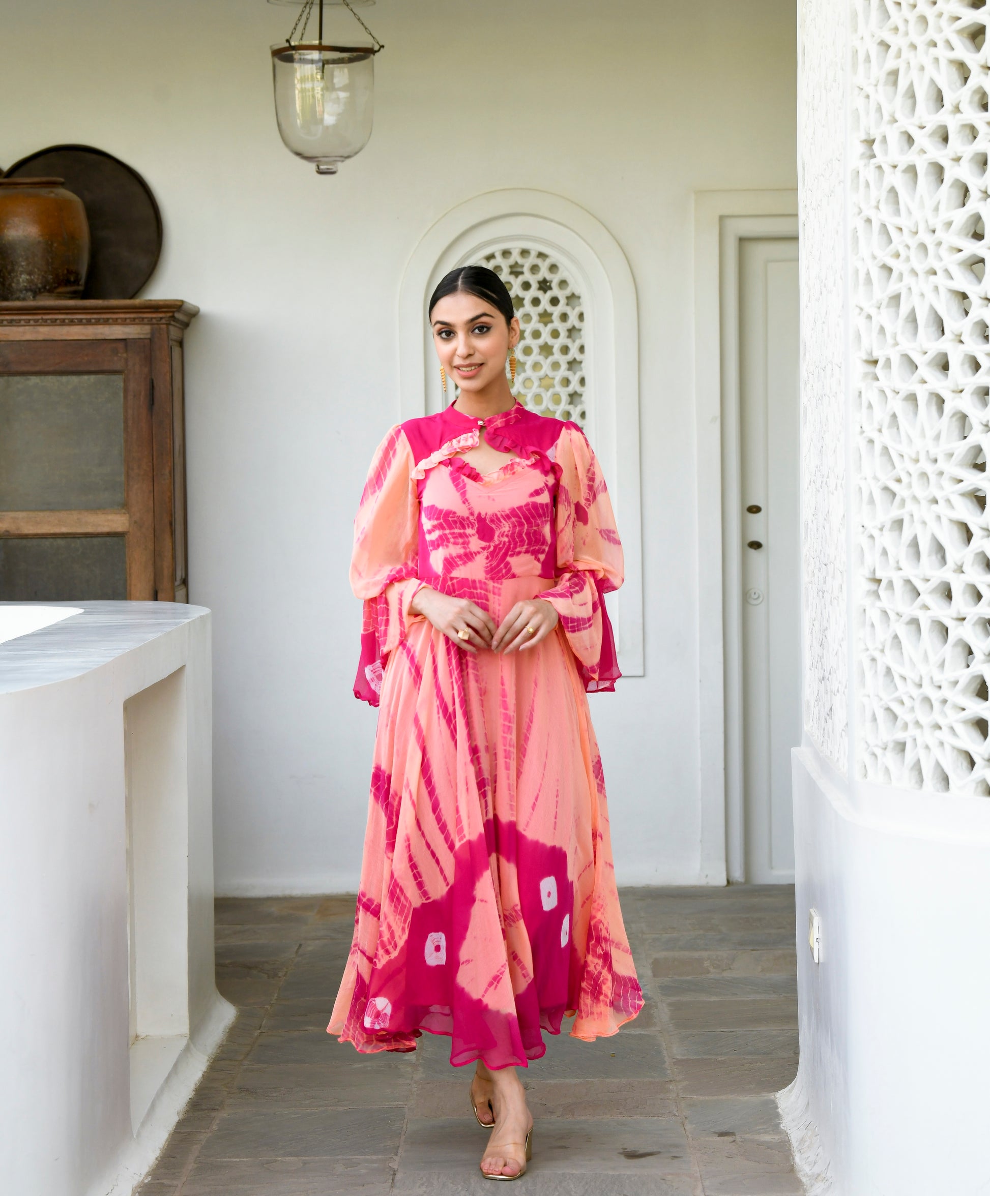 Peach Chiffon Printed Dress