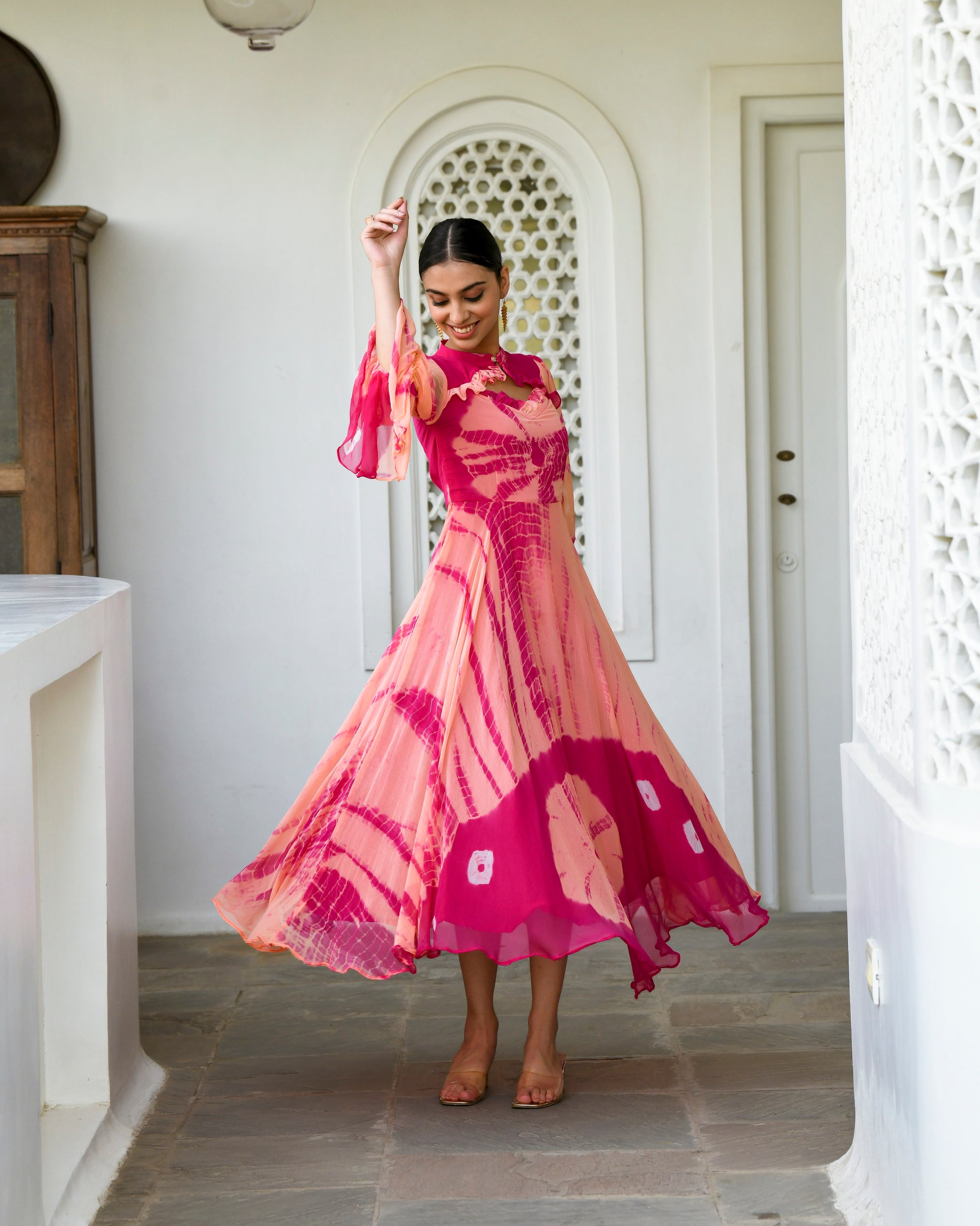 Peach Chiffon Printed Dress