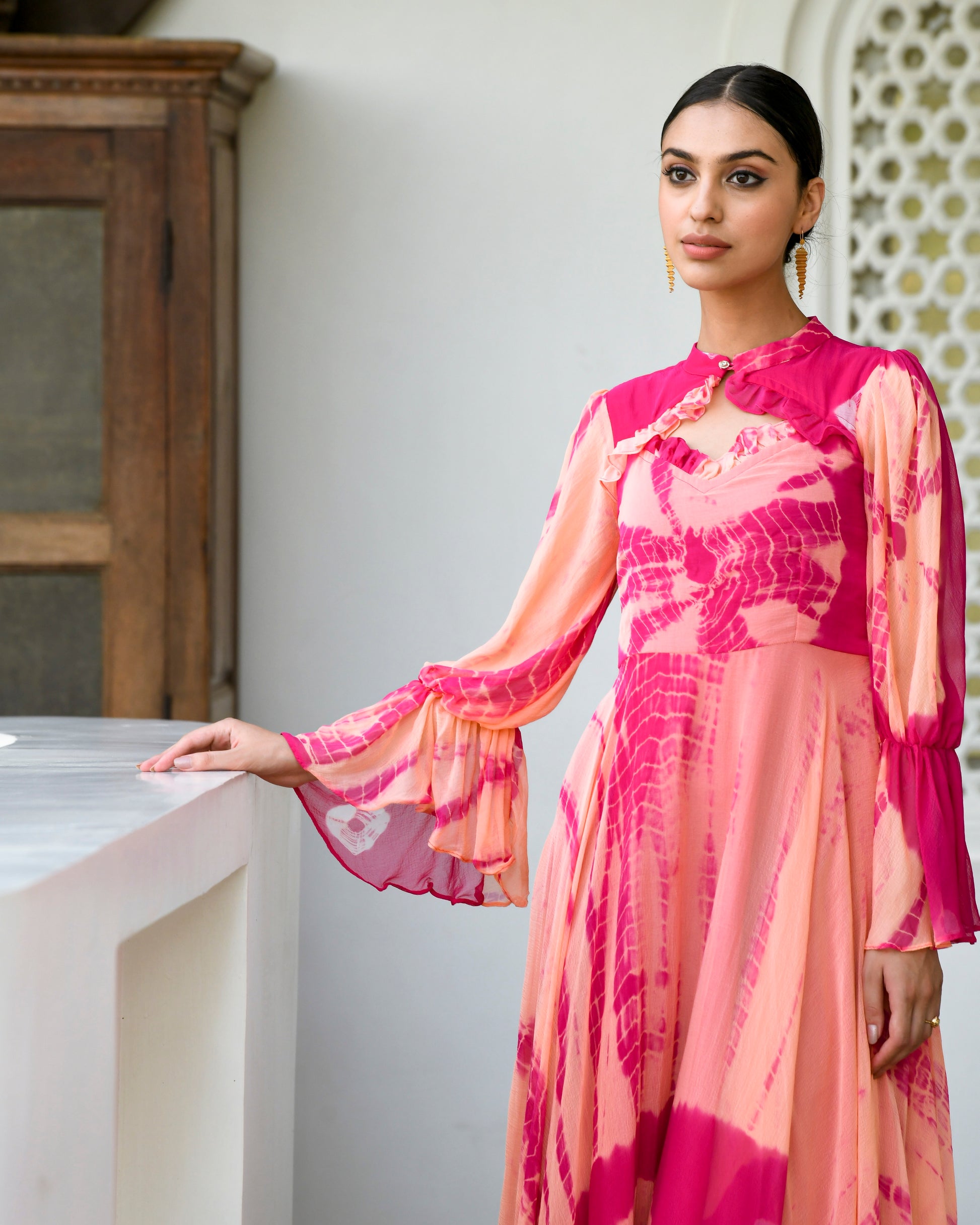 Peach Chiffon Printed Dress