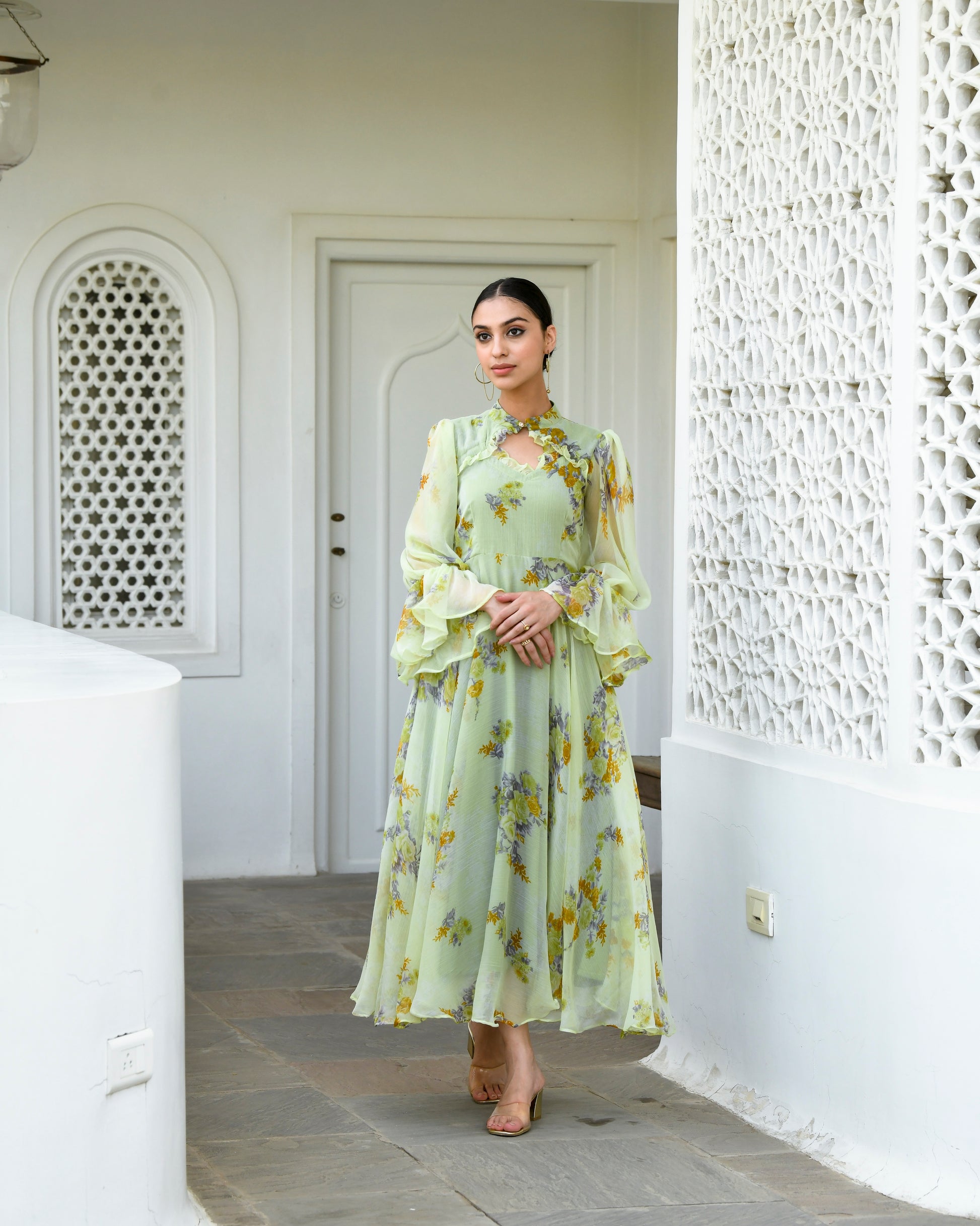 Grey Chiffon Printed Dress