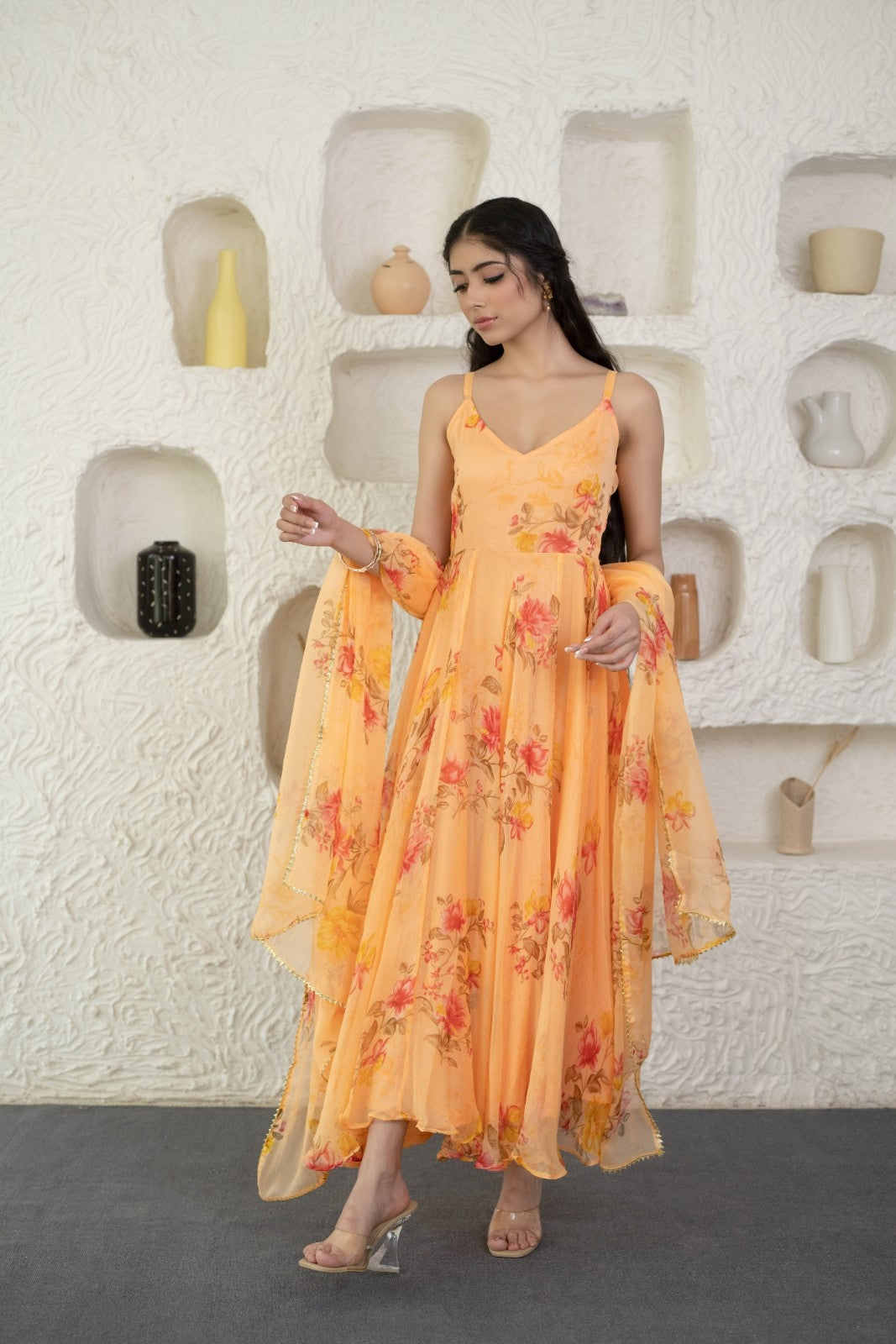 Peach Chiffon Floral Print Anarkali Kurta Set