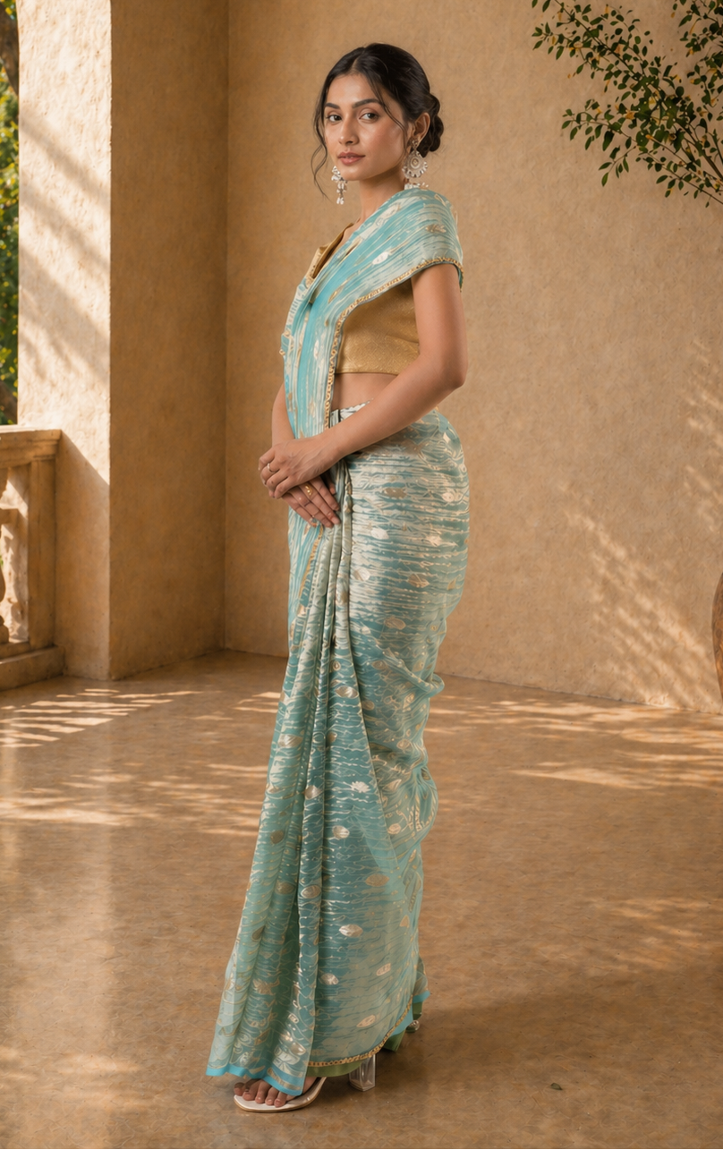 Ice Blue Silk Jacquard Tissue Saree