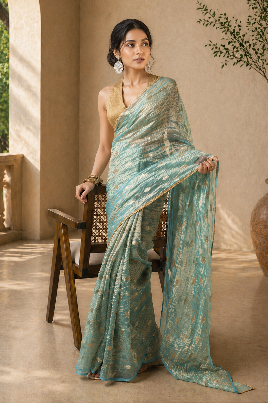 Ice Blue Silk Jacquard Tissue Saree