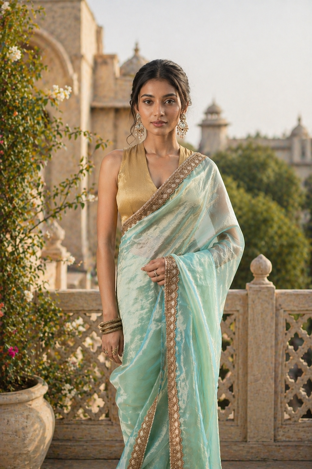 Sea Blue Silk Organza Tissue Saree