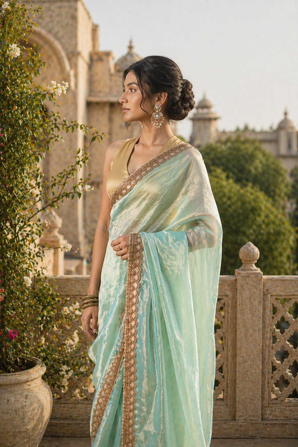 Sea Blue Silk Organza Tissue Saree