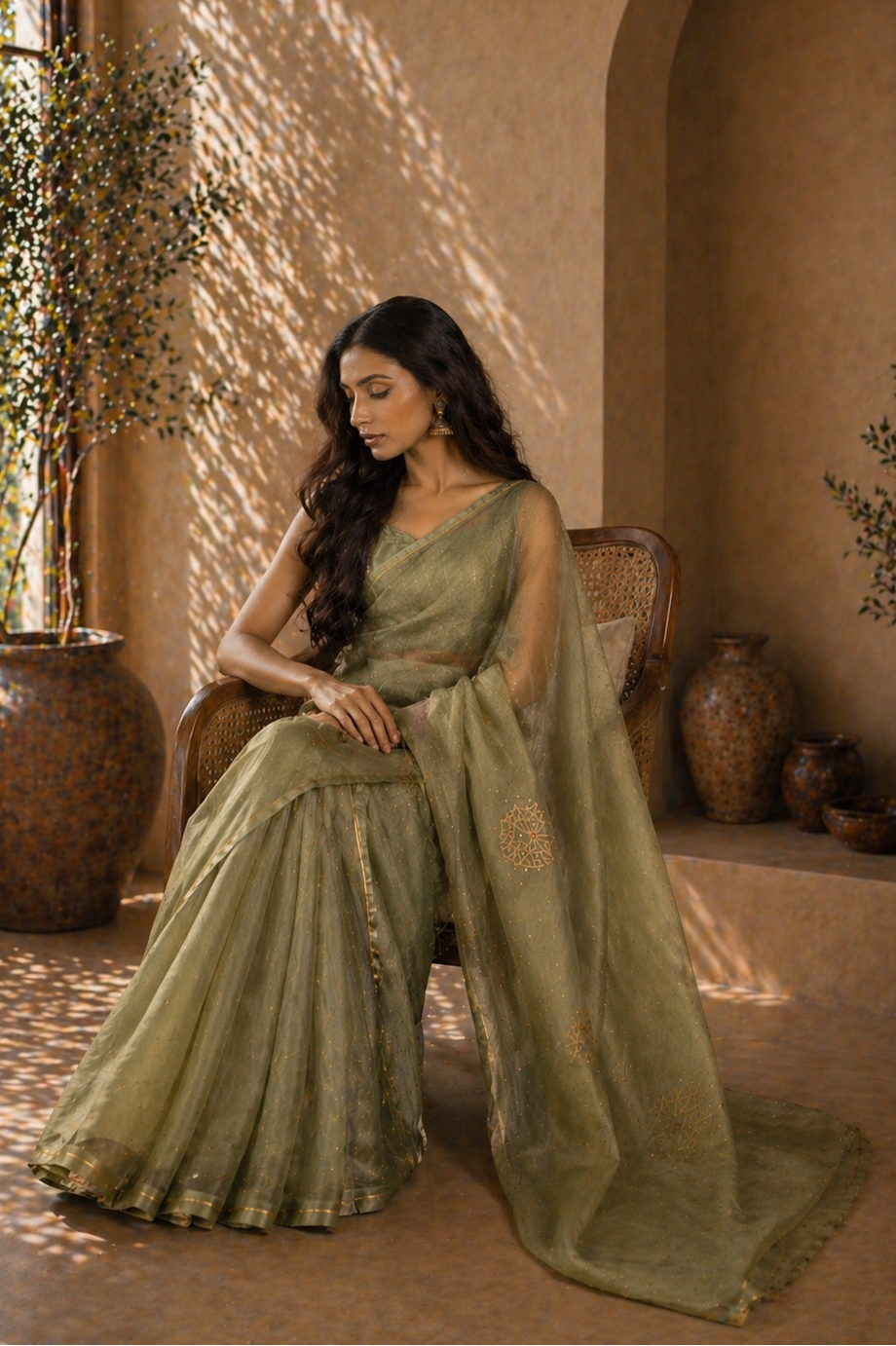 Sage Green Peony Organza Saree