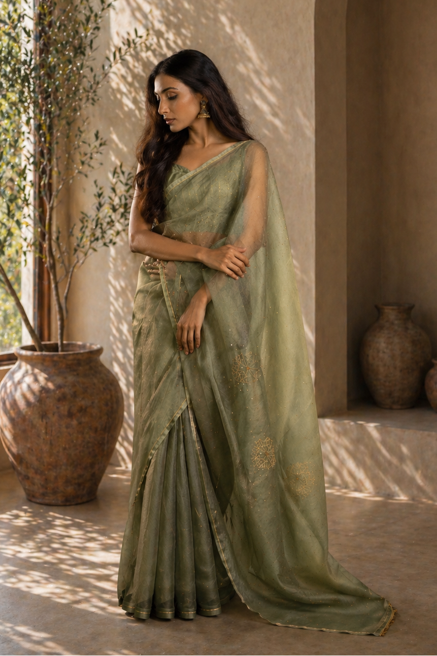 Sage Green Peony Organza Saree