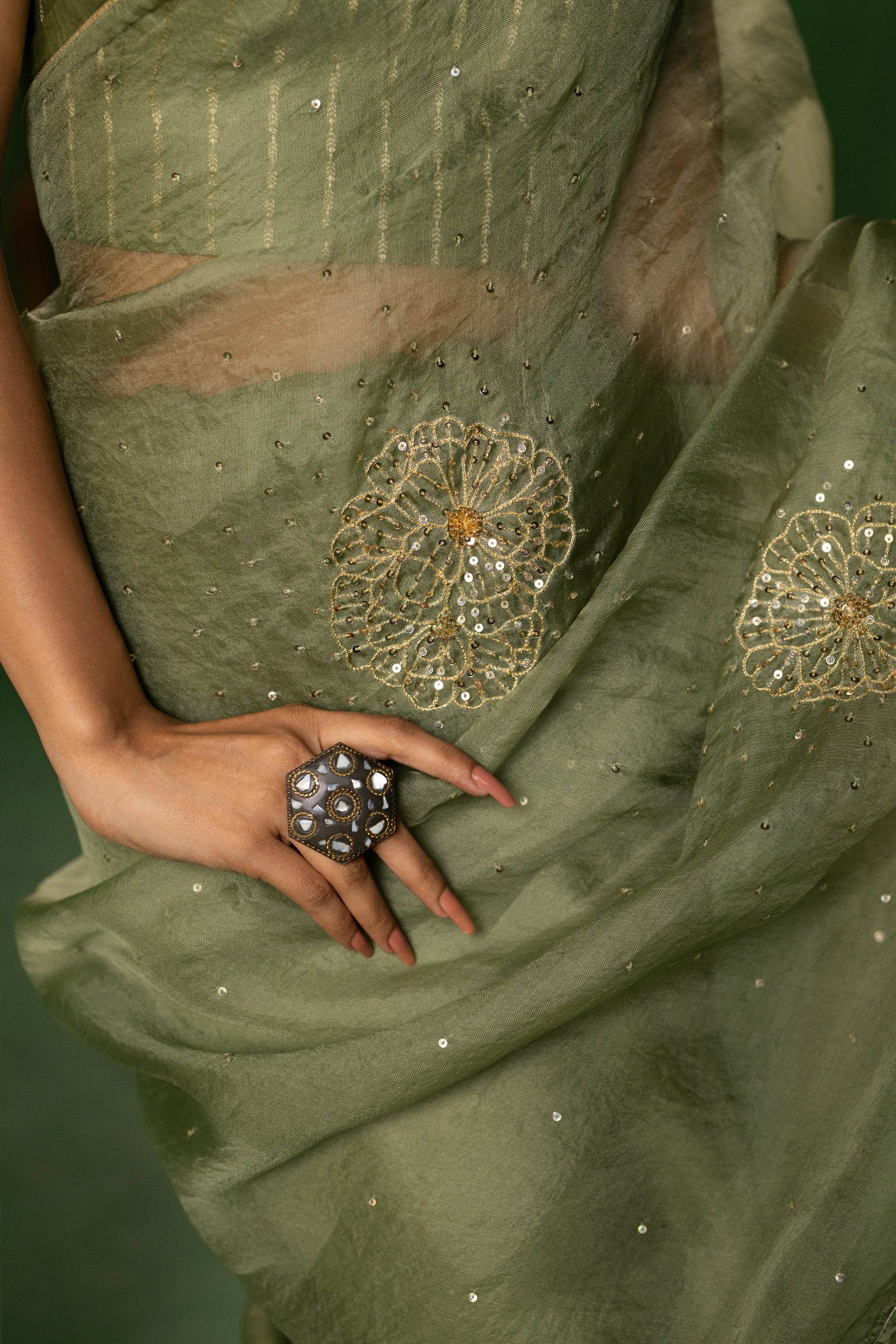 Sage Green Peony Organza Saree
