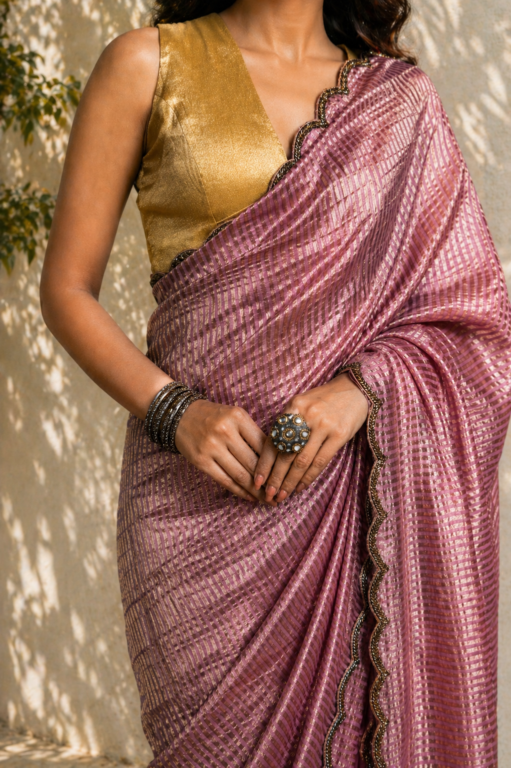 Vintage Mauve Pure Zari Stripes Saree