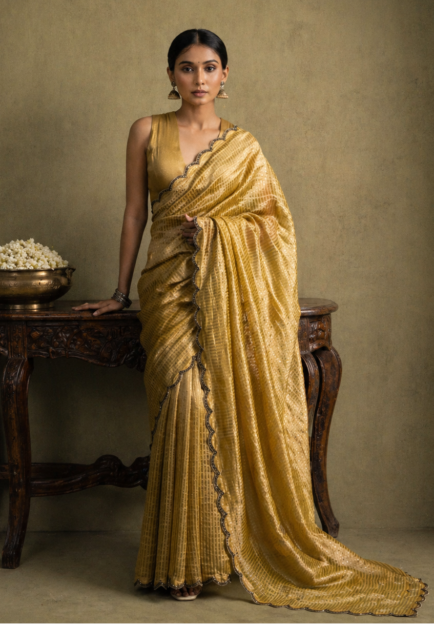 Autumn Mustard Pure Zari Stripes Saree