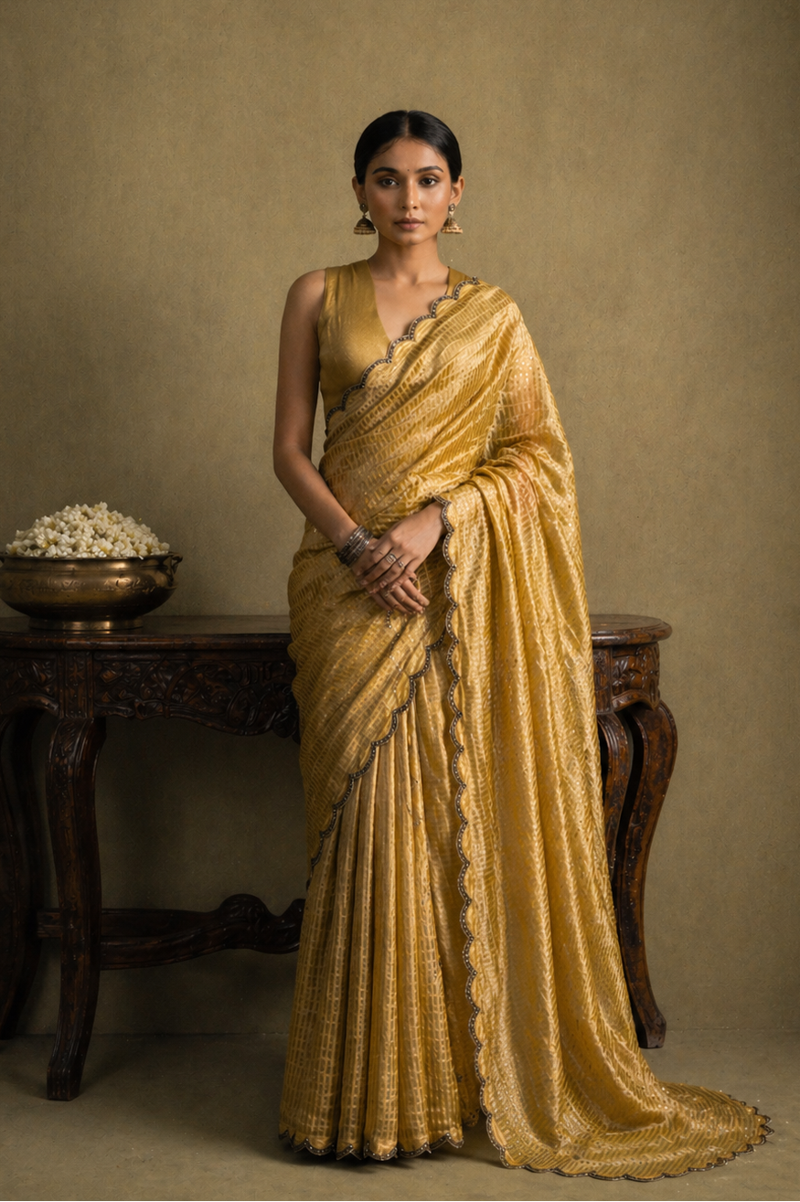 Autumn Mustard Pure Zari Stripes Saree