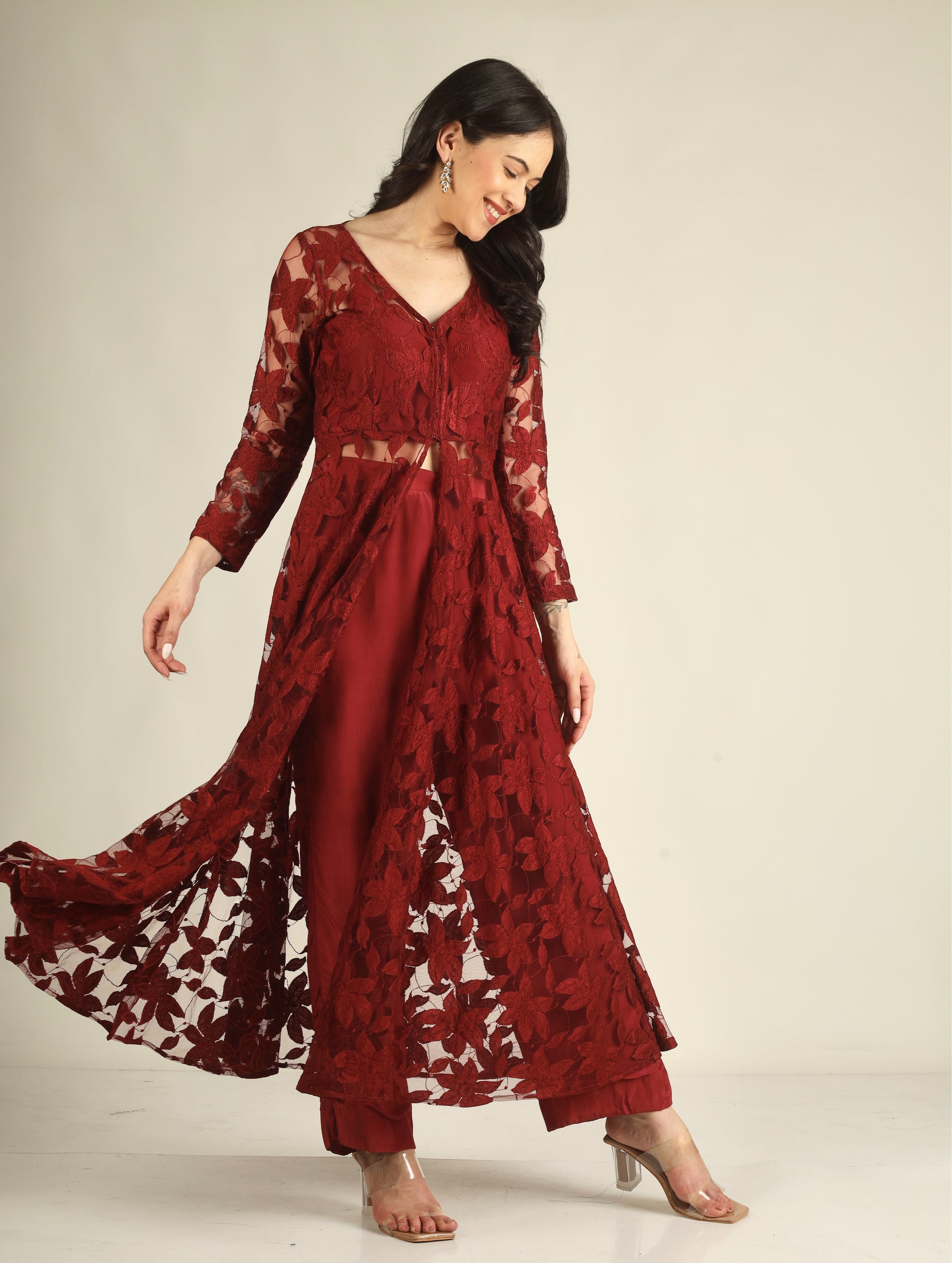 Women's Crepe silk Maroon Indo-western/Suit set