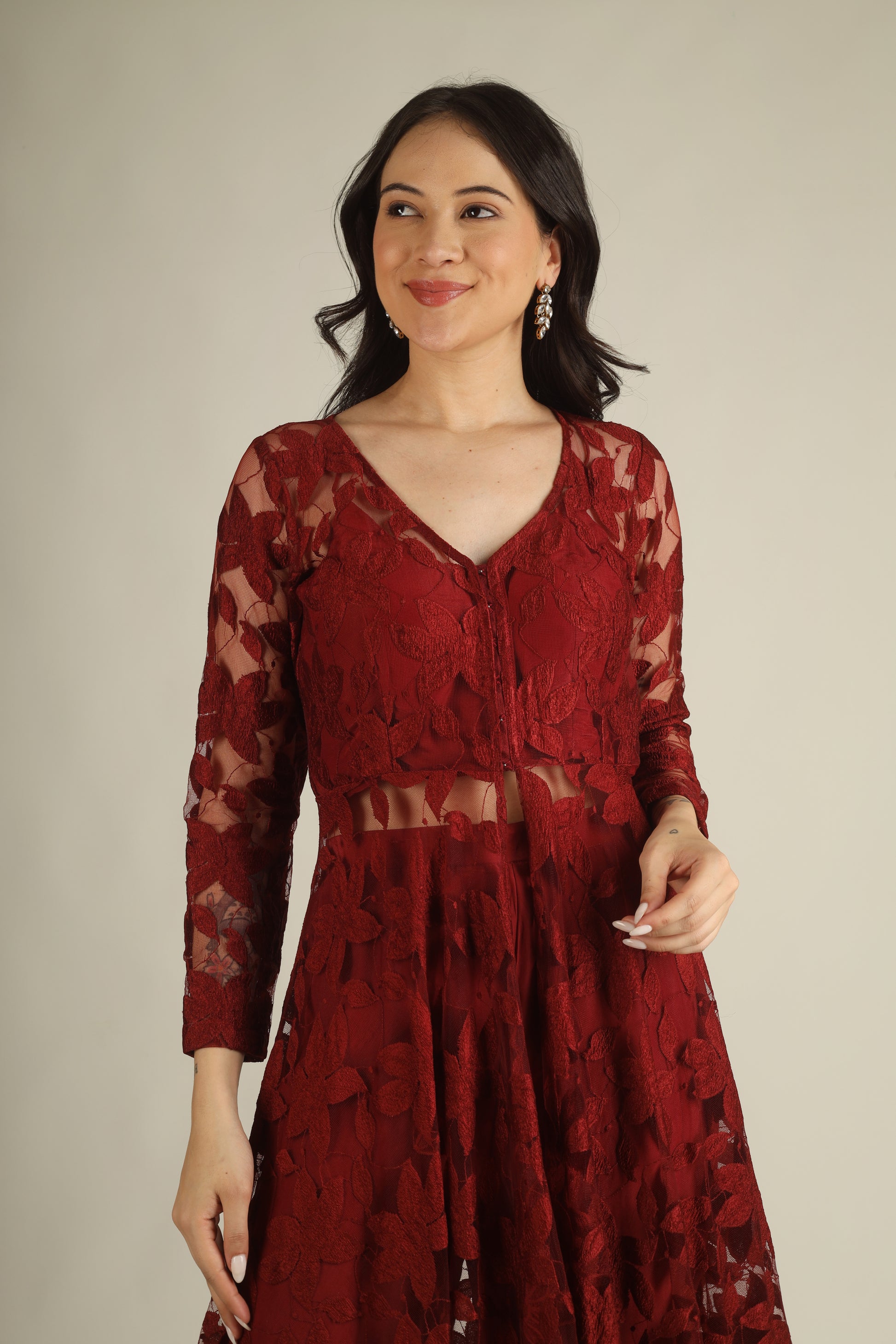Women's Crepe silk Maroon Indo-western/Suit set
