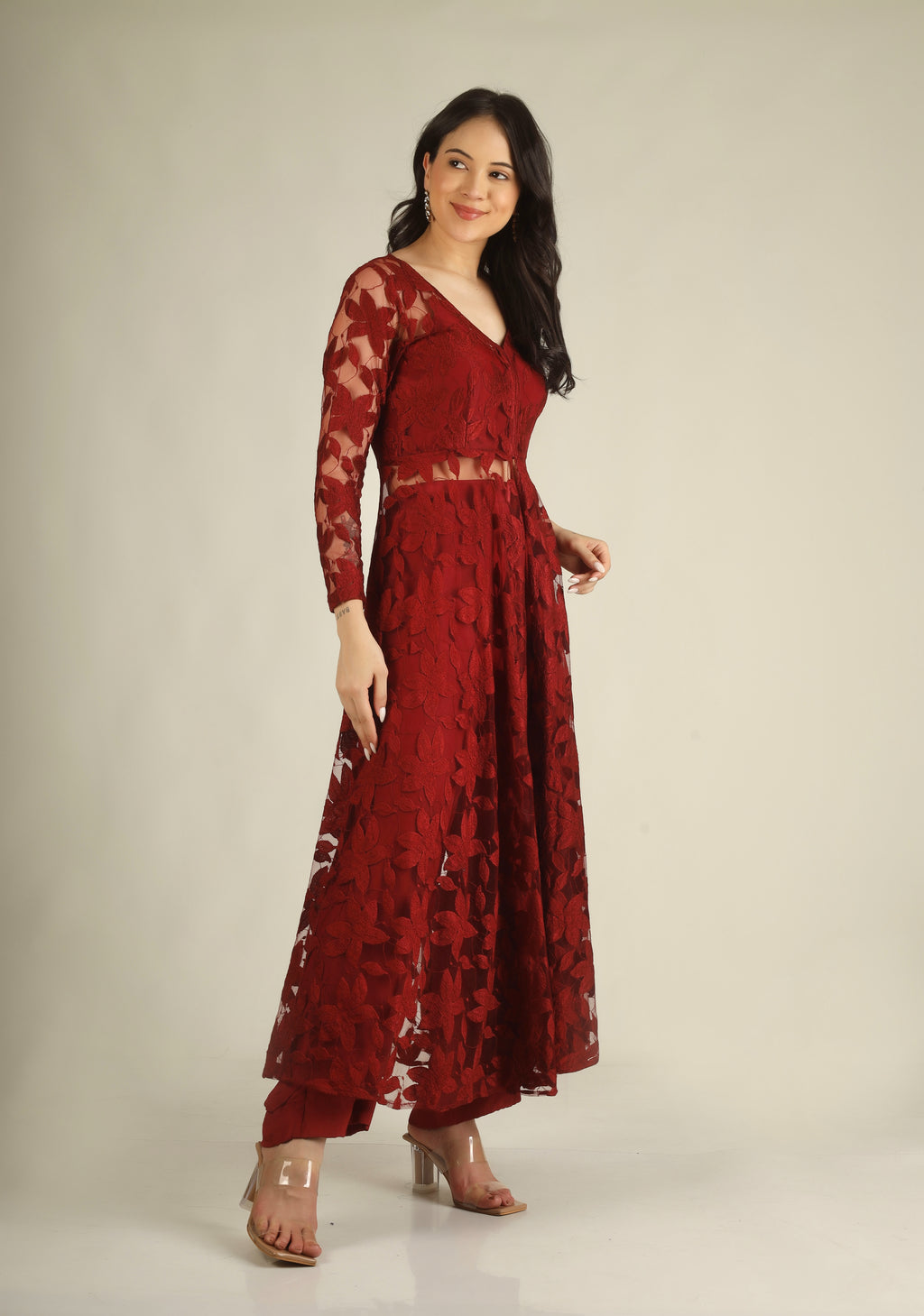 Women's Crepe silk Maroon Indo-western/Suit set