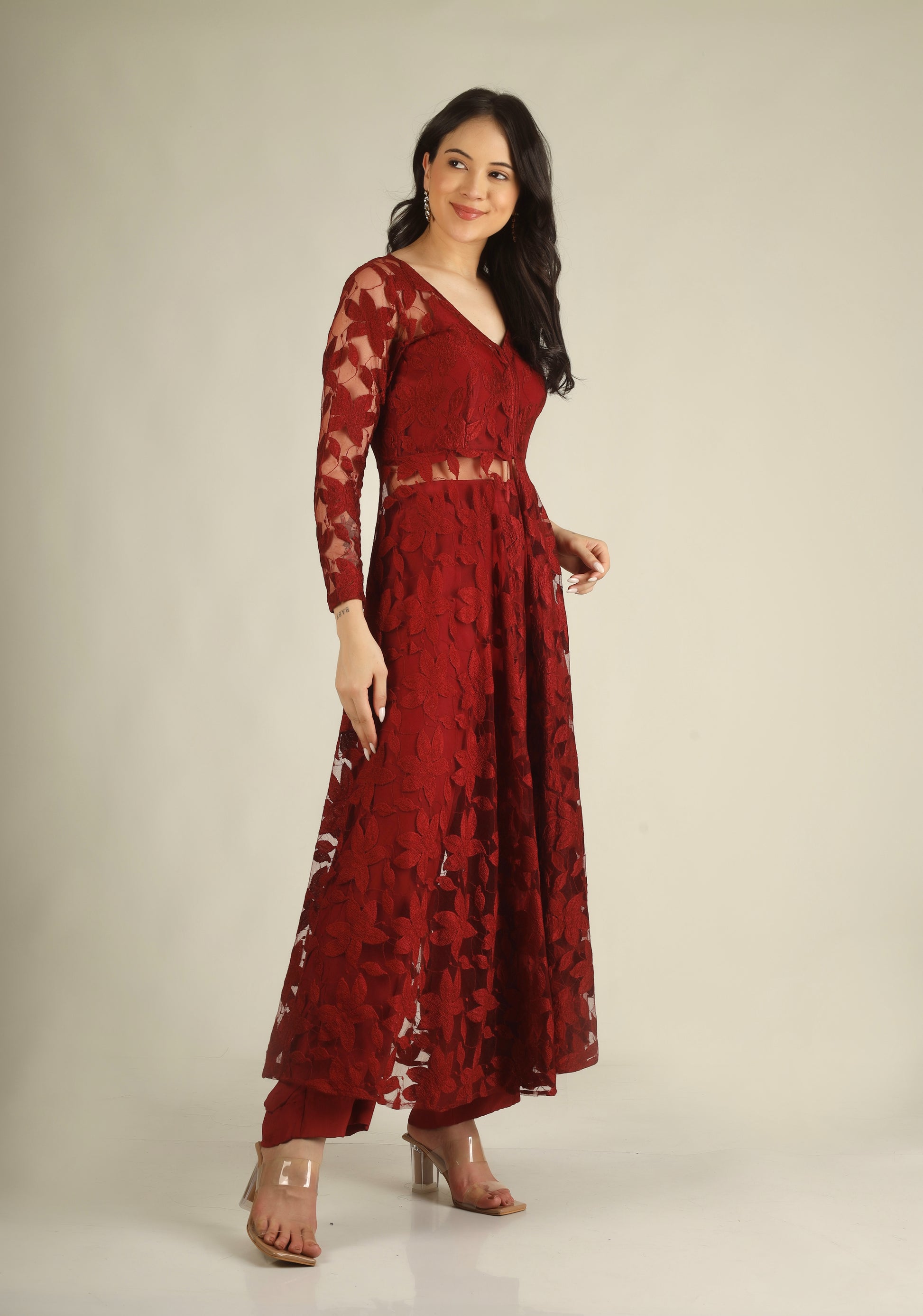 Women's Crepe silk Maroon Indo-western/Suit set