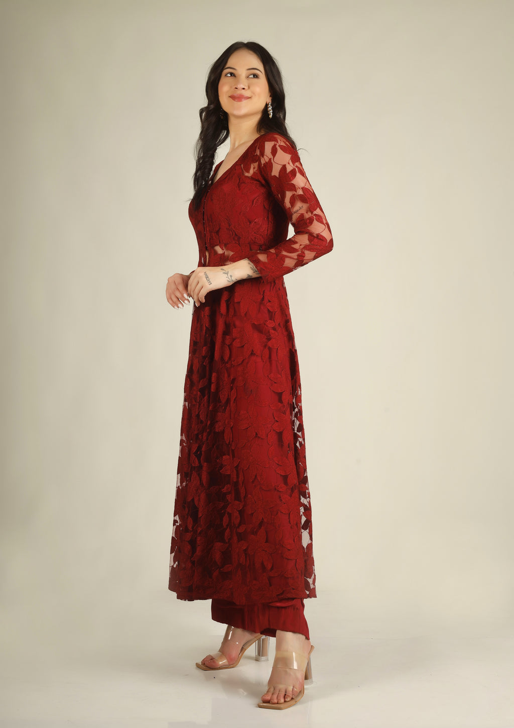 Women's Crepe silk Maroon Indo-western/Suit set