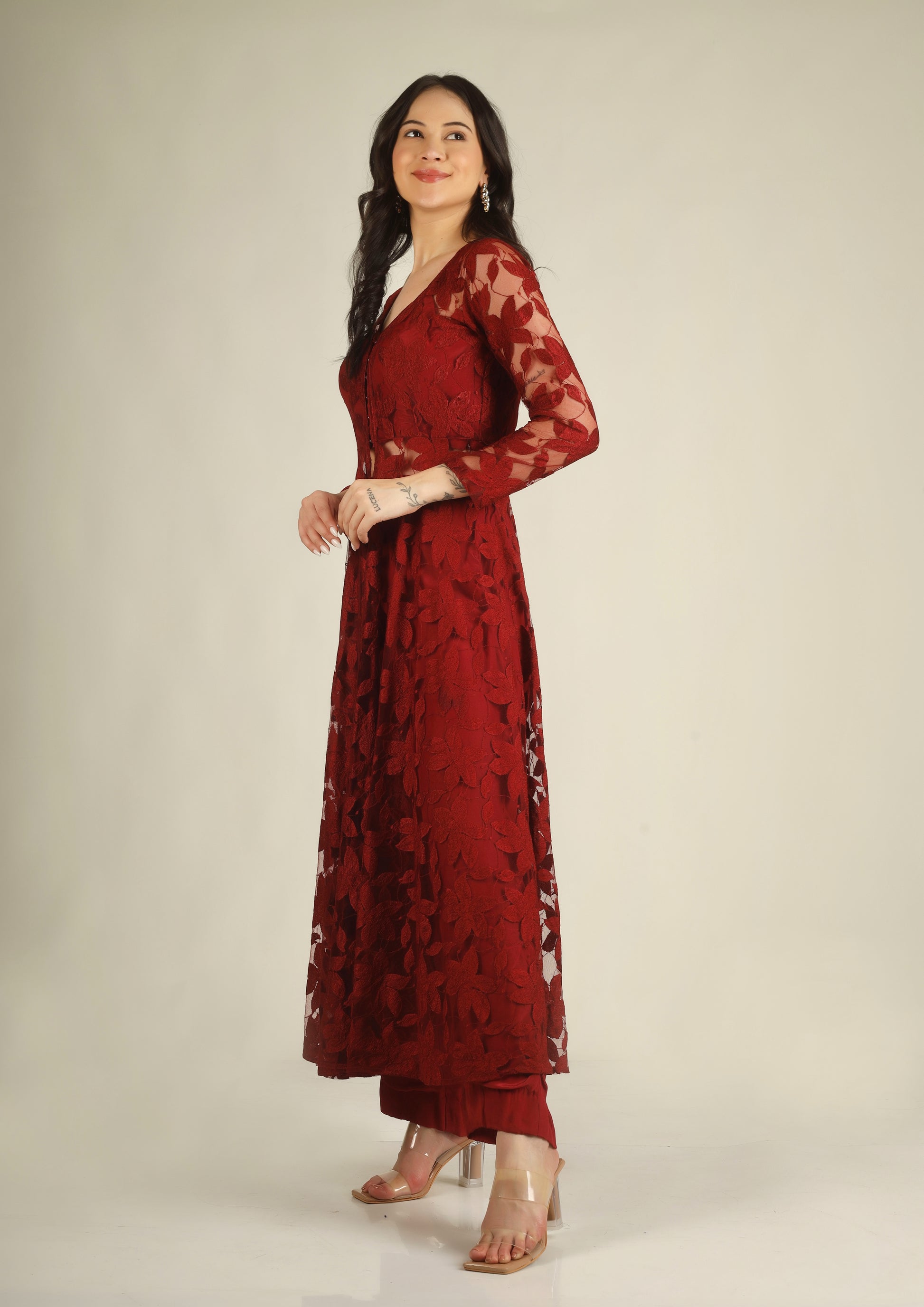 Women's Crepe silk Maroon Indo-western/Suit set
