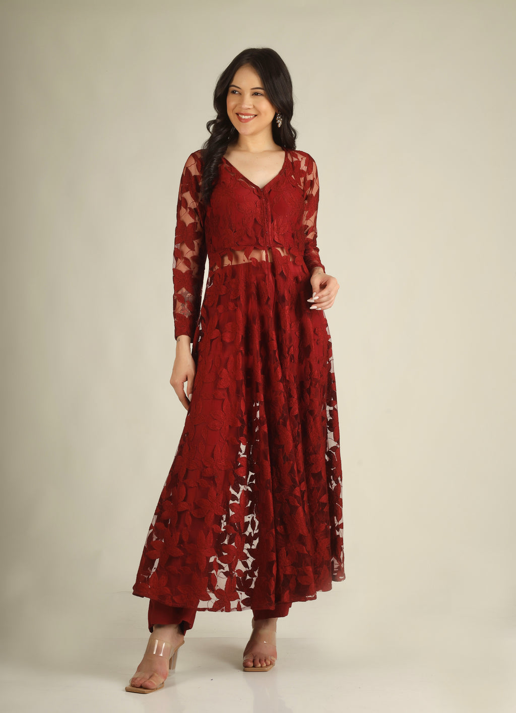 Women's Crepe silk Maroon Indo-western/Suit set