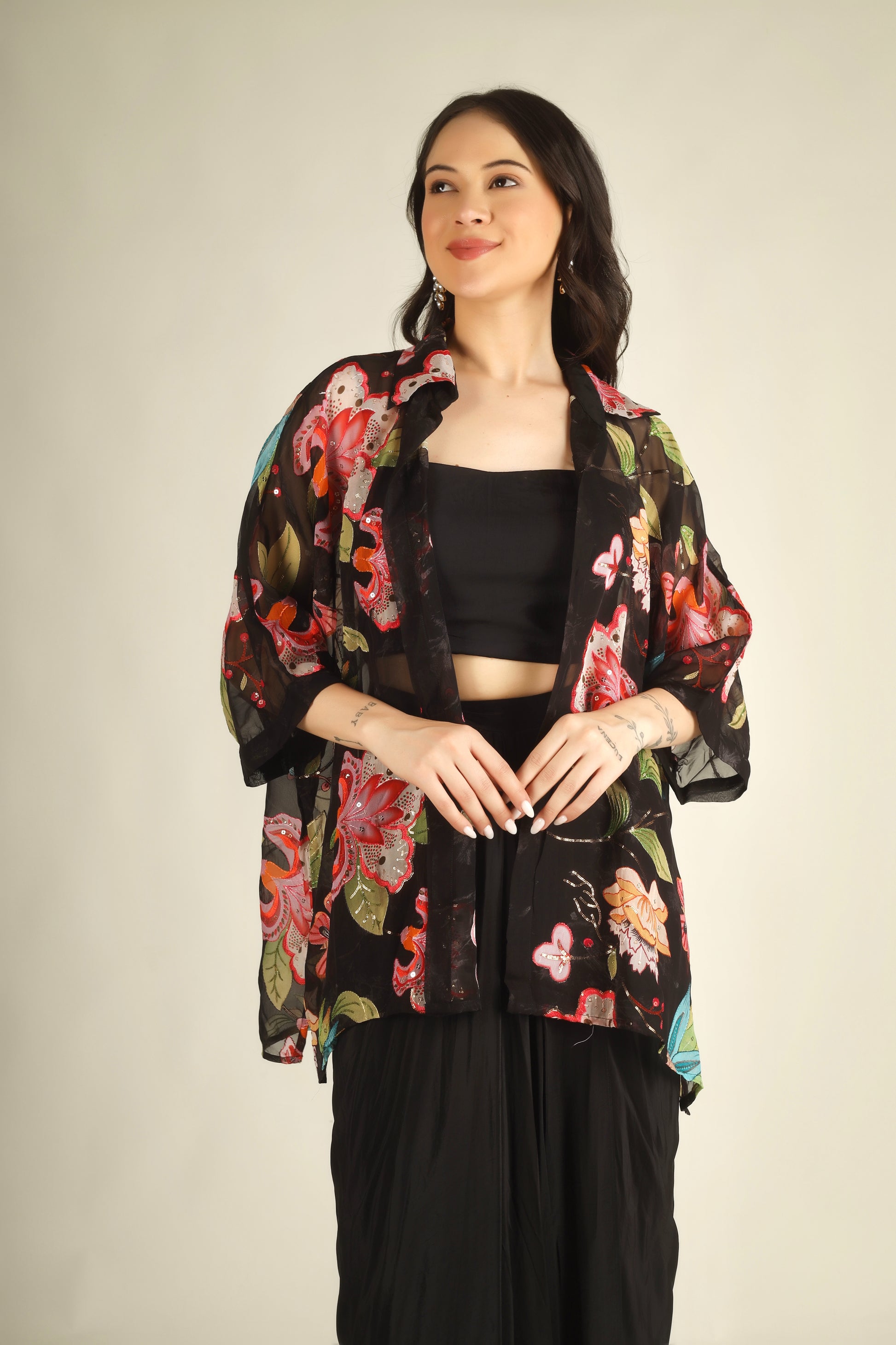Women's Crepe silk Black Indo-western