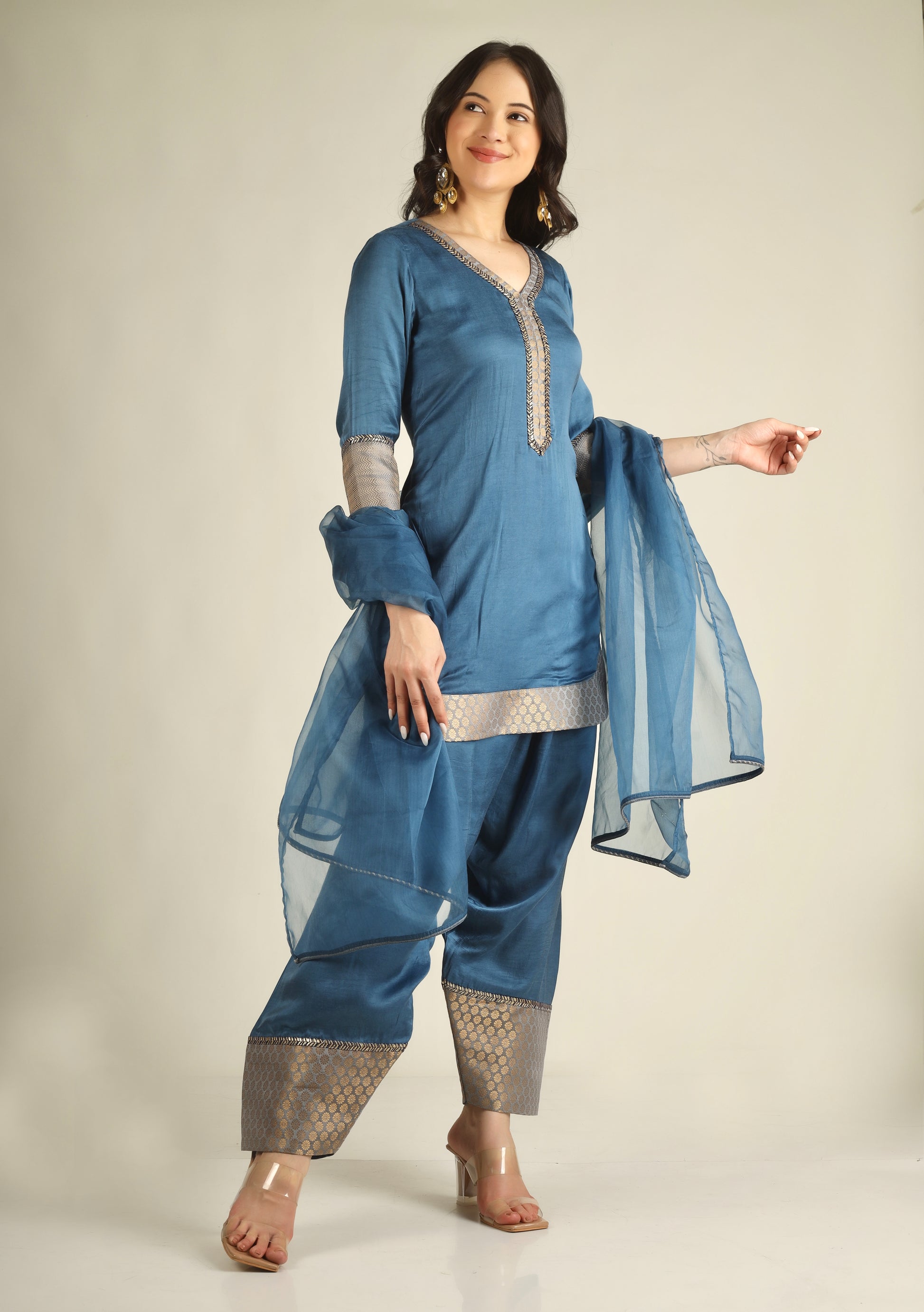 Women's Modal satin Steel Blue Suit sets