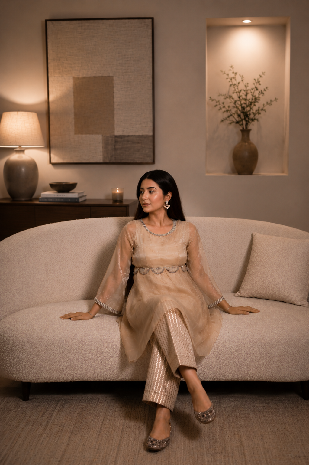Women's Organza Tissue Beige  Stitched Kurta & Pant set