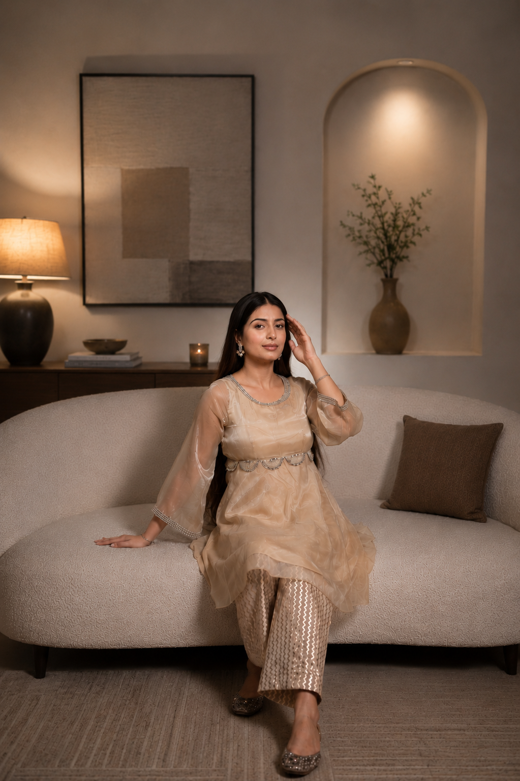 Women's Organza Tissue Beige  Stitched Kurta & Pant set