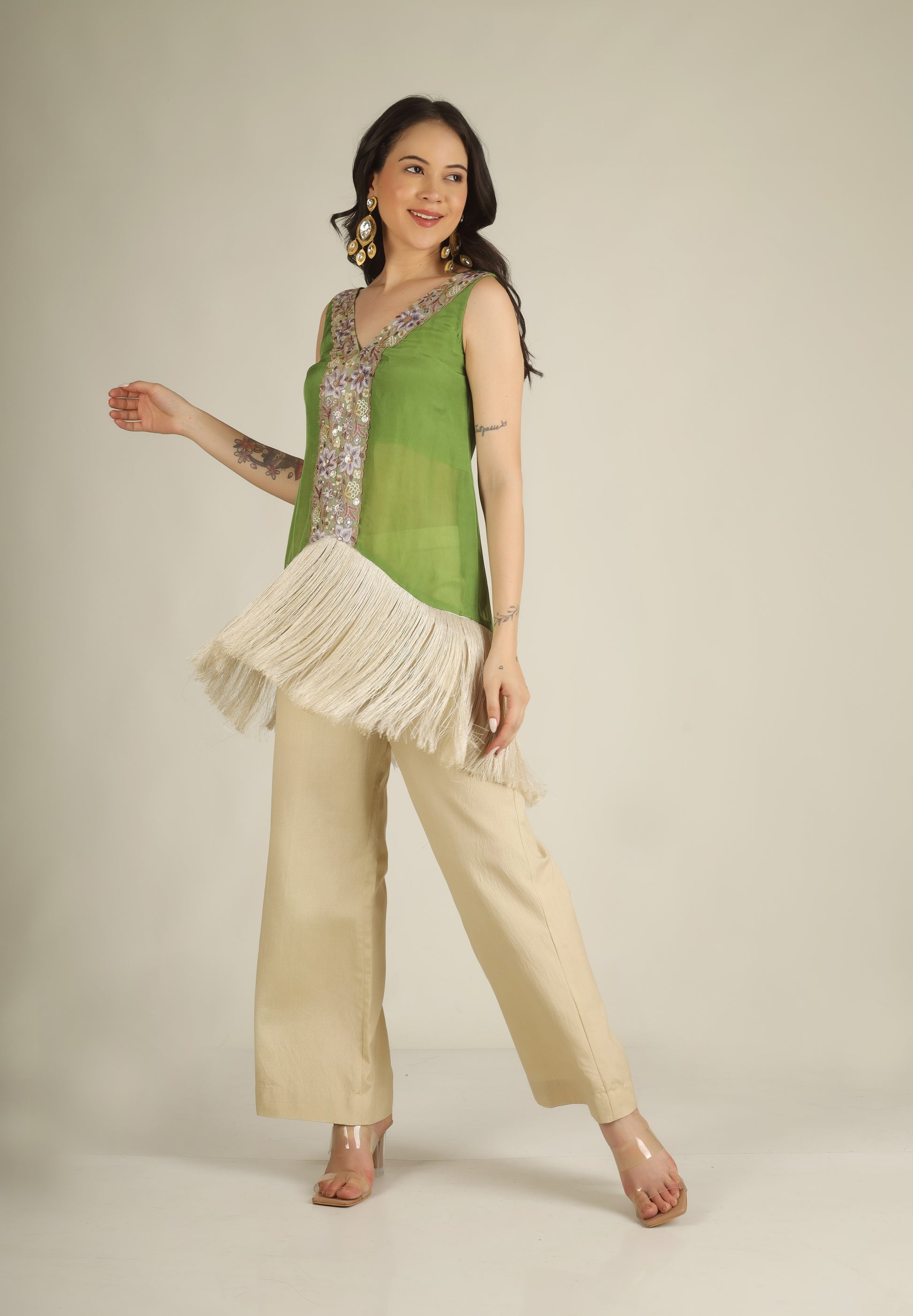 Women's Organza Green Indo-western/ Co-ord set