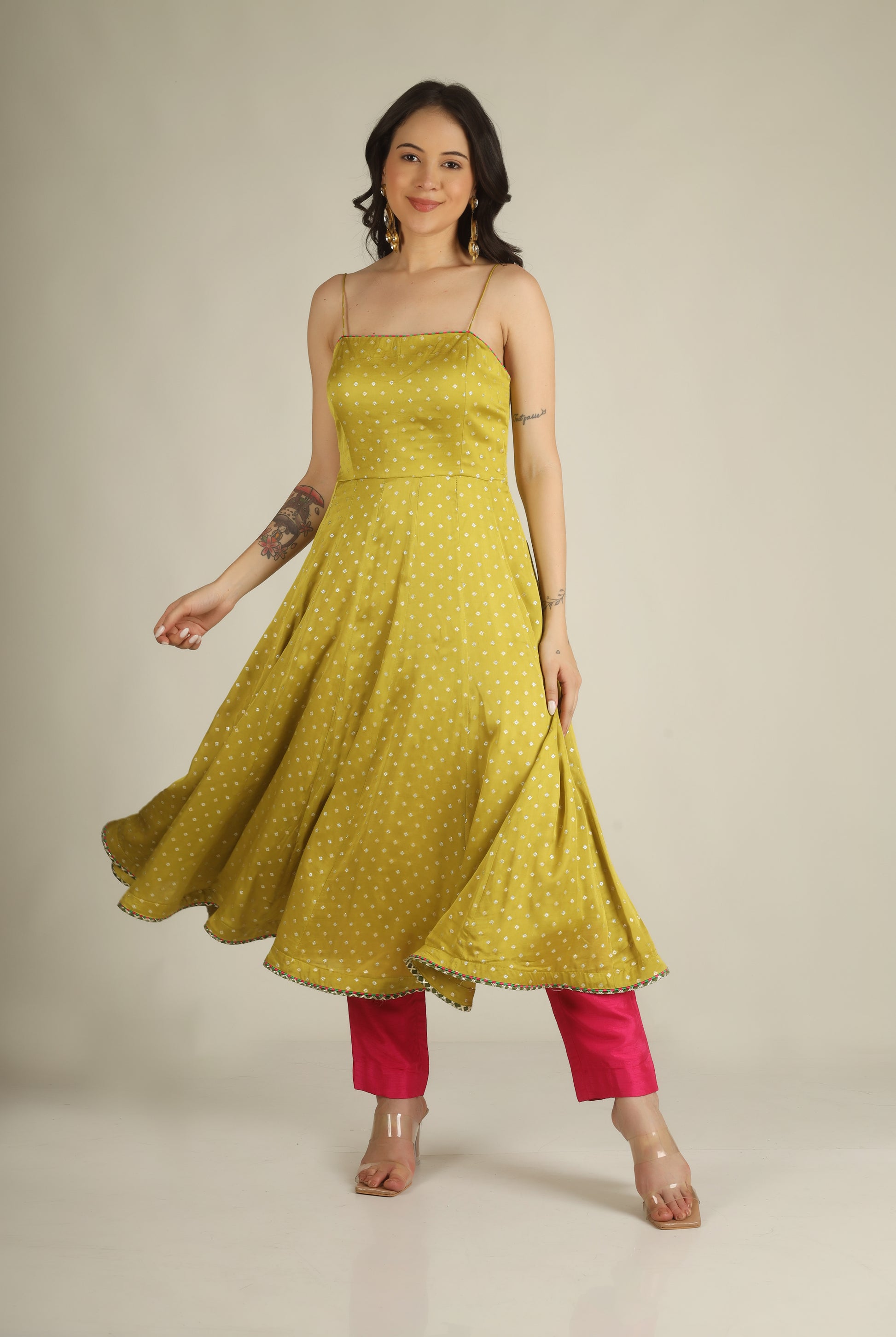 Women's Dola silk Lime green Anarkali suit/ suit sets